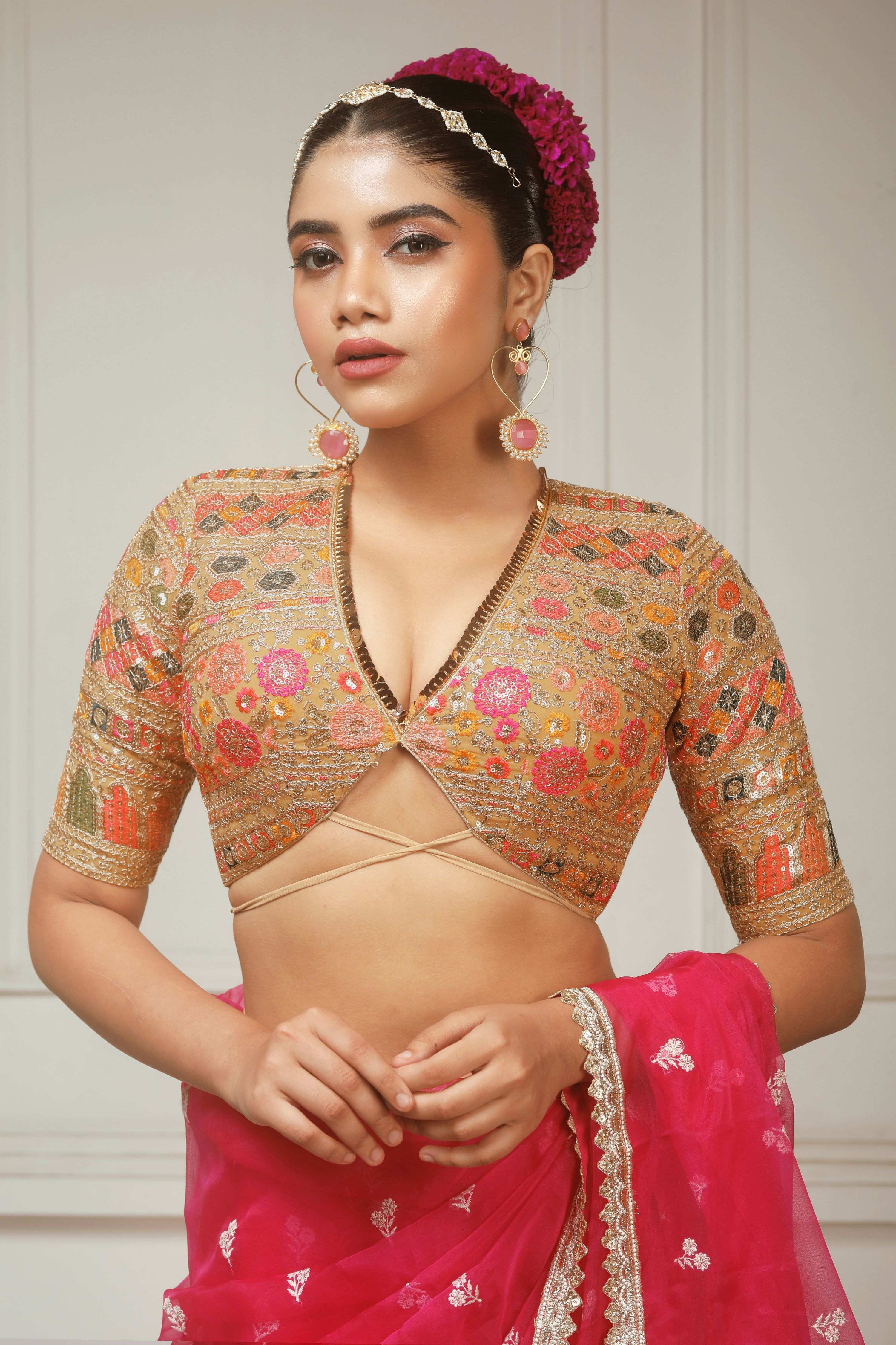 FUCHSIA FLAME SAREE WITH GLIDED GODDESS BLOUSE