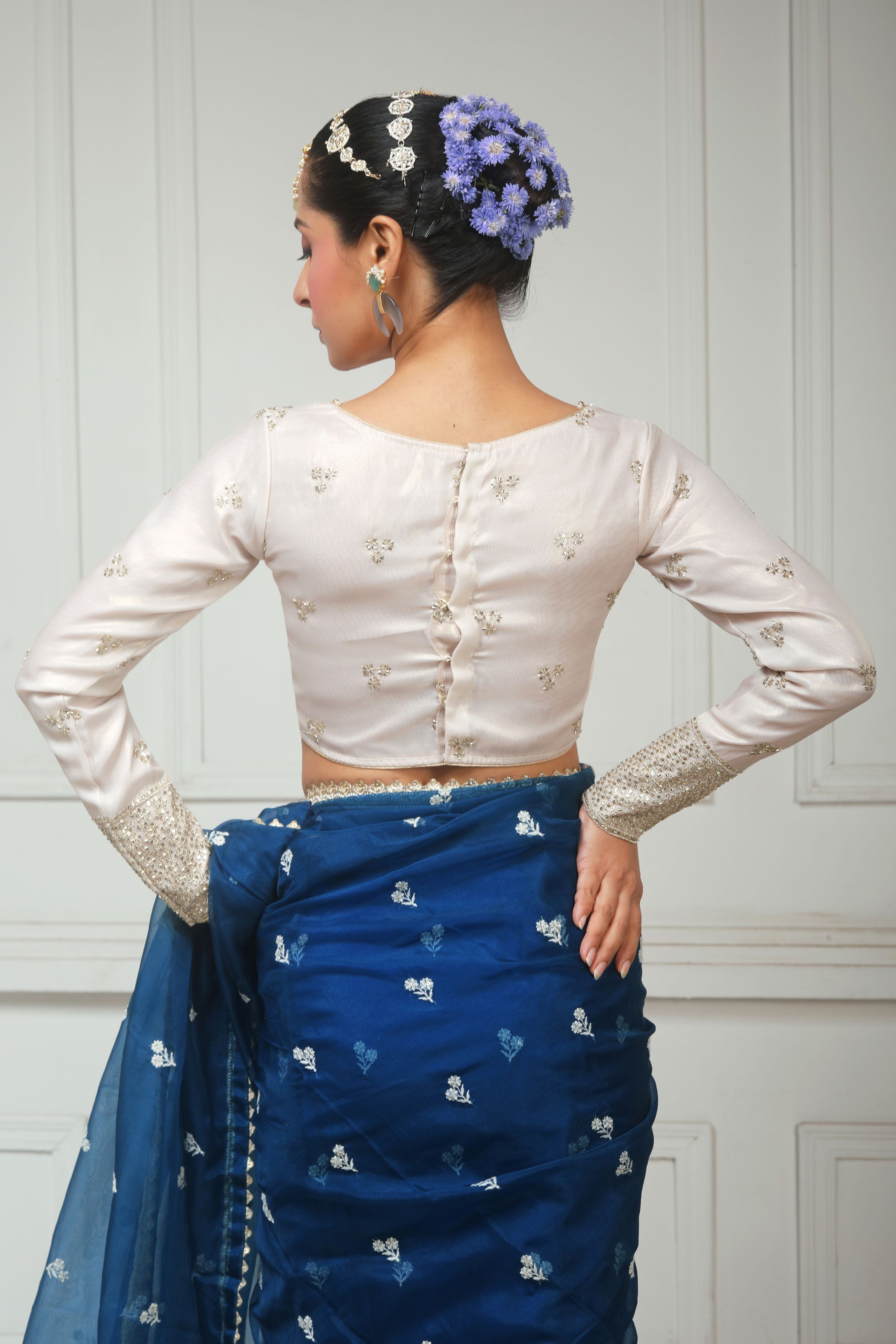 NAVY NARRATIVE SAREE WITH SEPIA FANTASY BLOUSE
