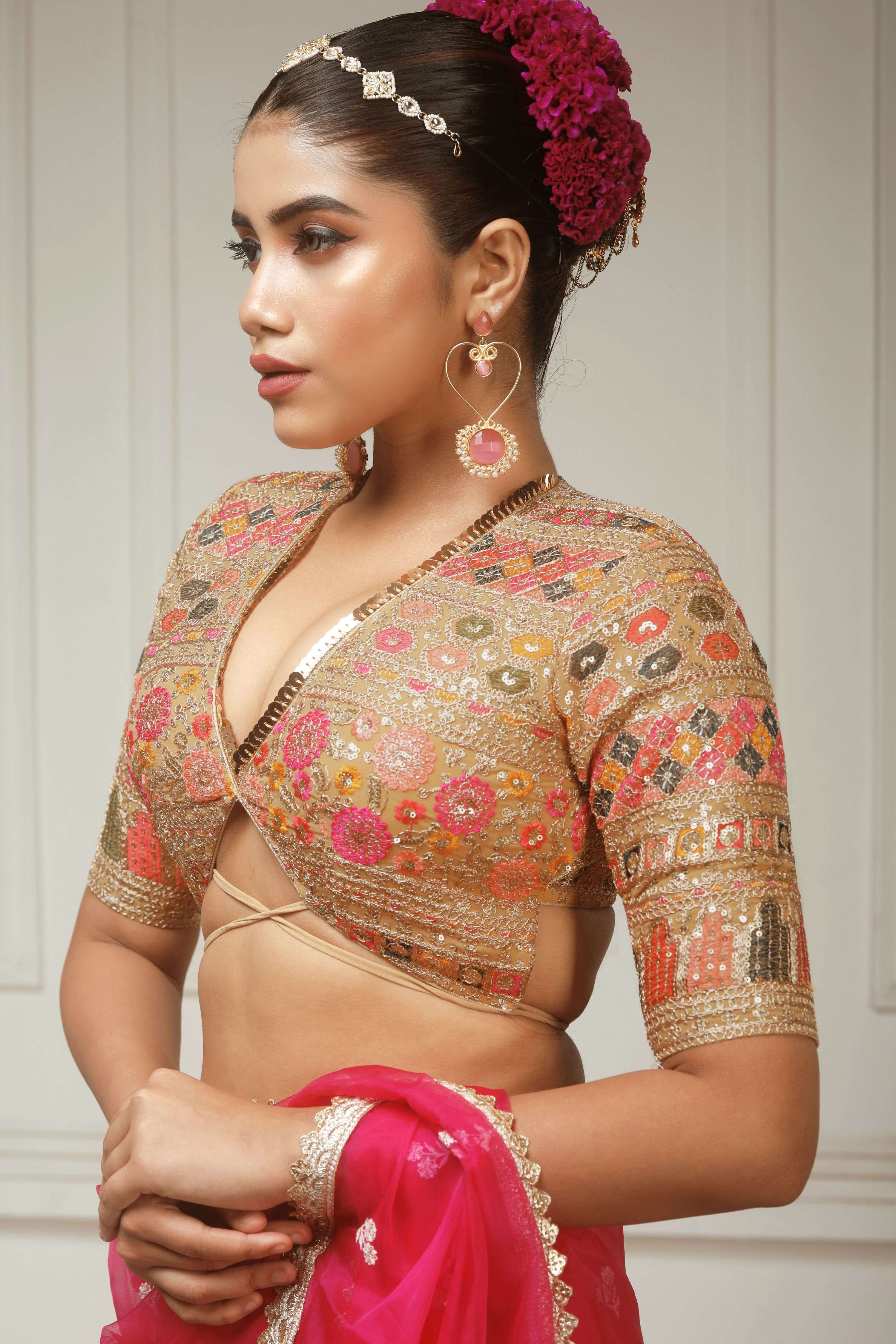 FUCHSIA FLAME SAREE WITH GLIDED GODDESS BLOUSE