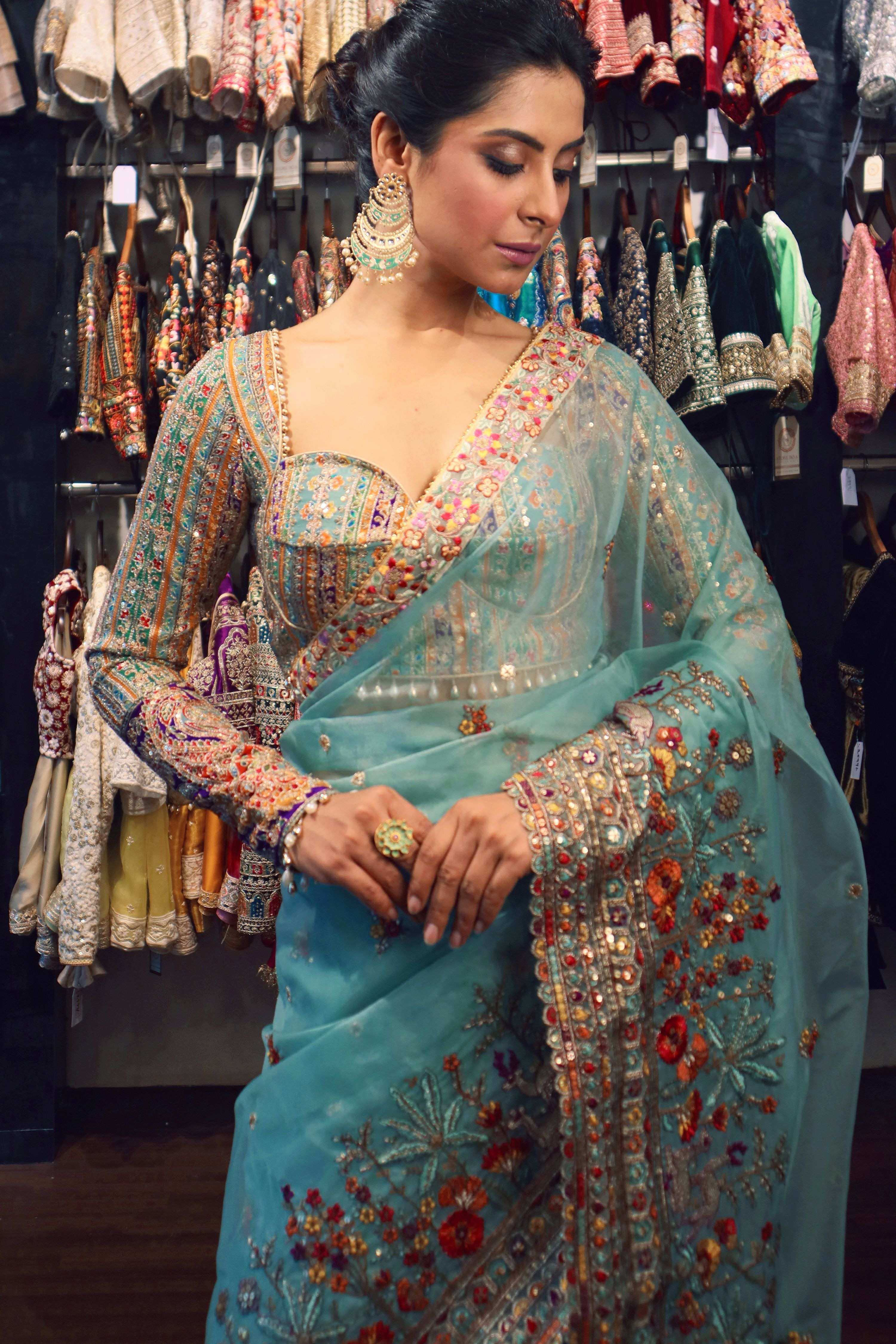 COASTAL CRUSH SAREE WITH TEAL TREASURE LUXE BLOUSE