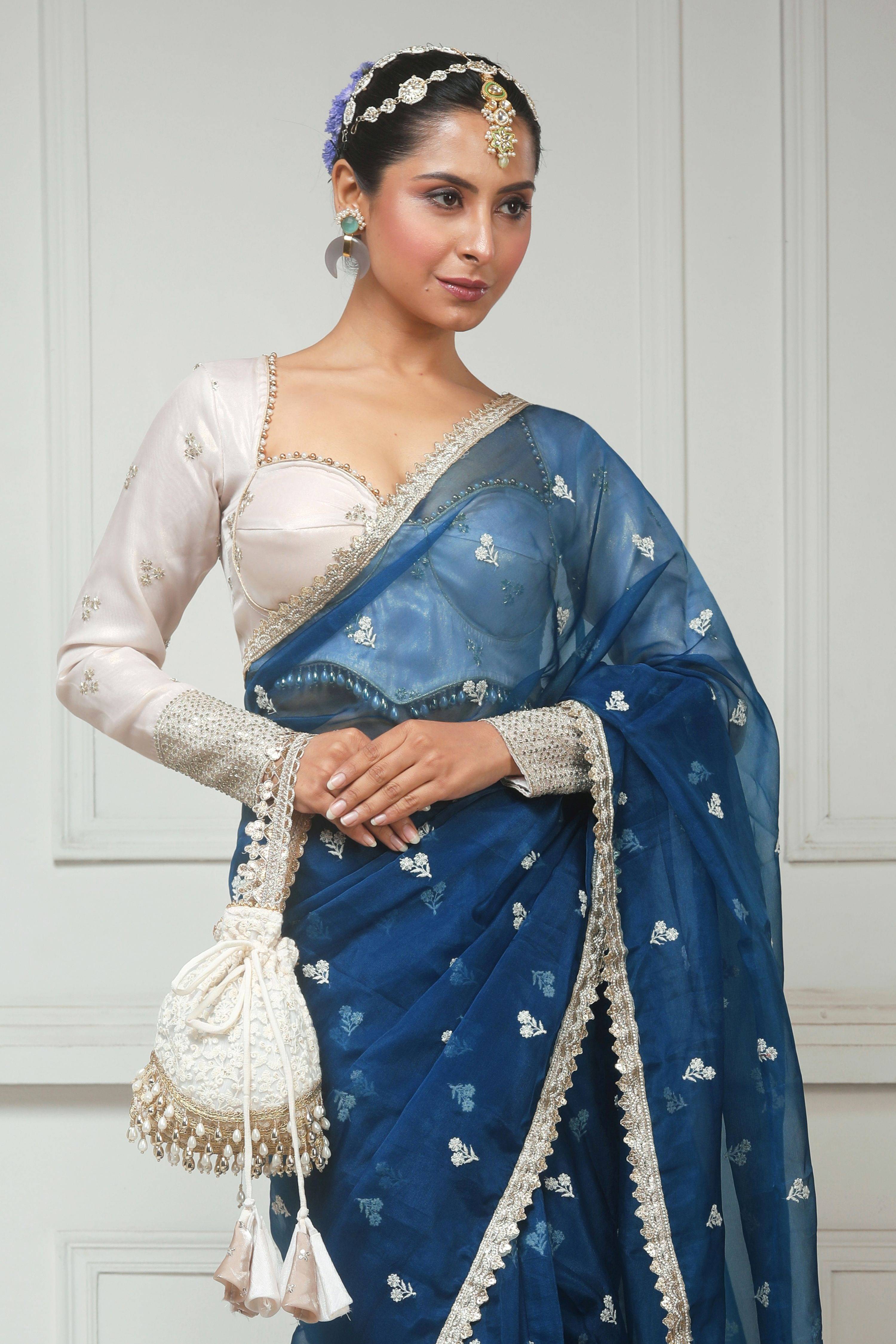 NAVY NARRATIVE SAREE WITH SEPIA FANTASY BLOUSE