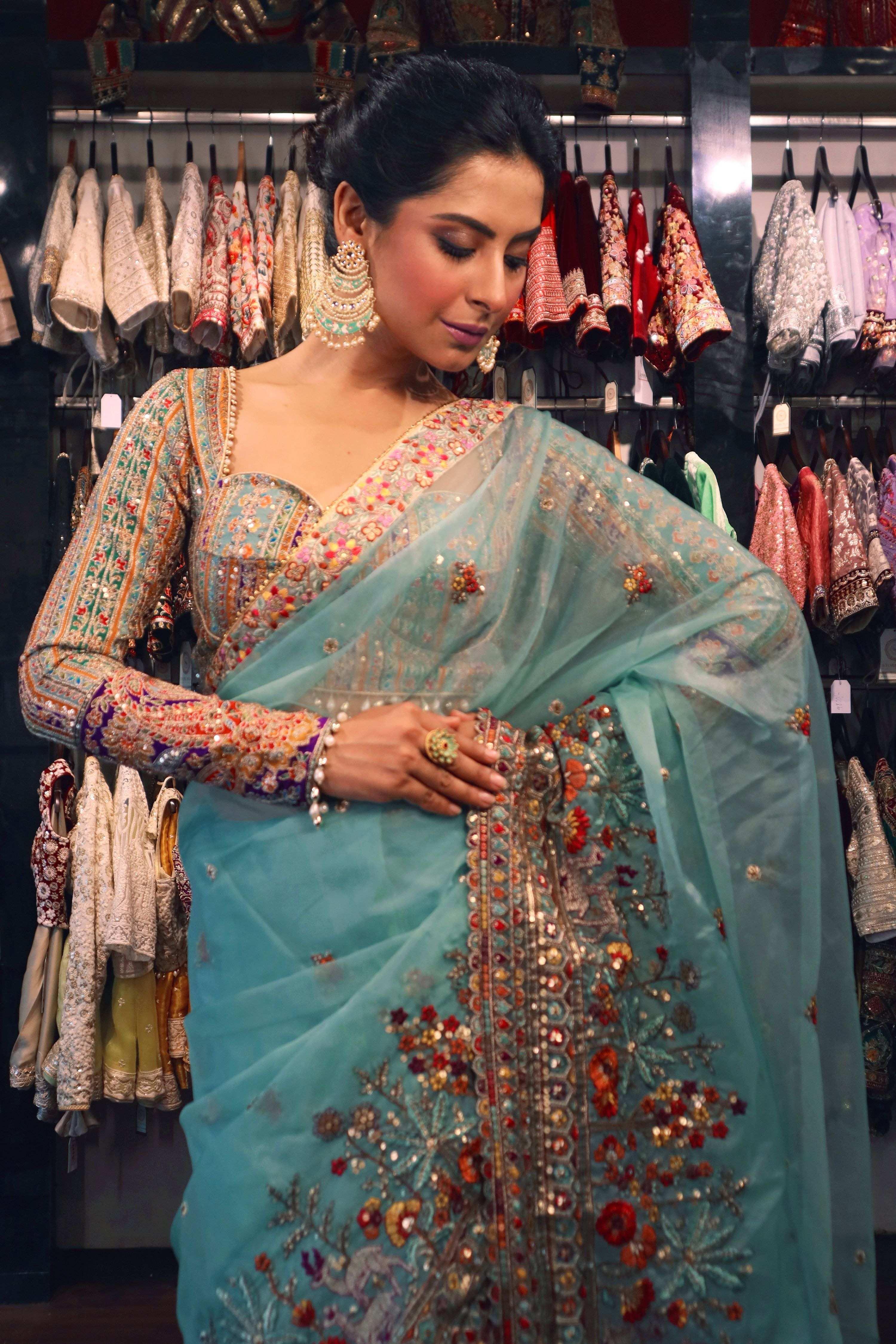 COASTAL CRUSH SAREE WITH TEAL TREASURE LUXE BLOUSE