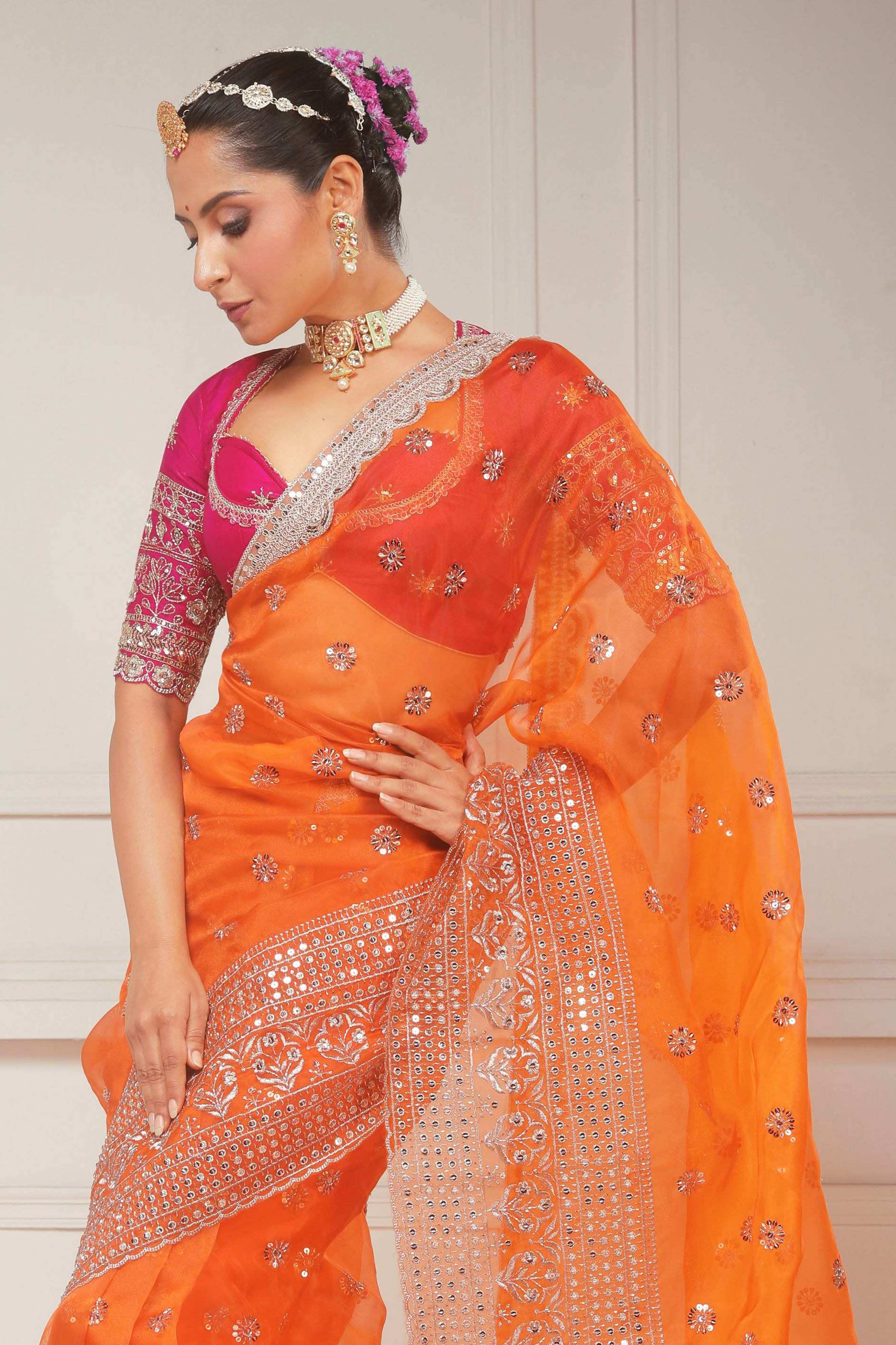 TANGERINE POETRY SAREE WITH CANDY WILDFLOWER BLOUSE