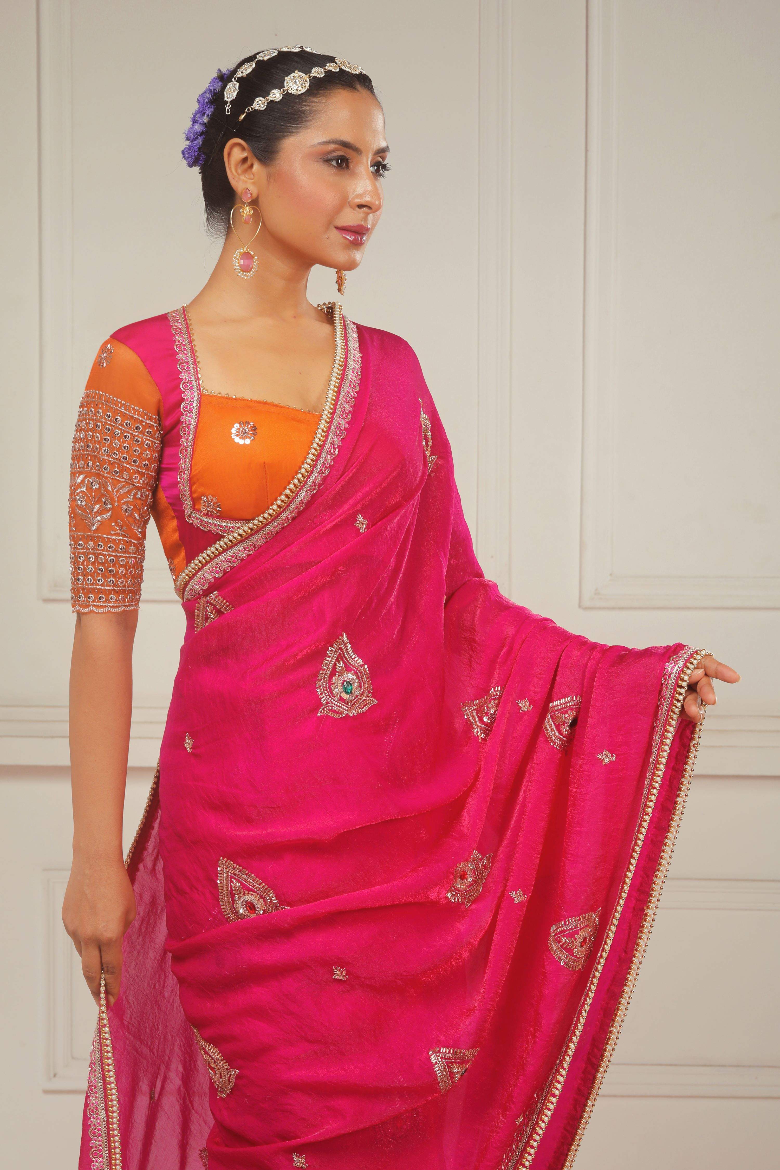 RANGREZ RANI SAREE WITH GOLD TANGERINE POETRY BLOUSE