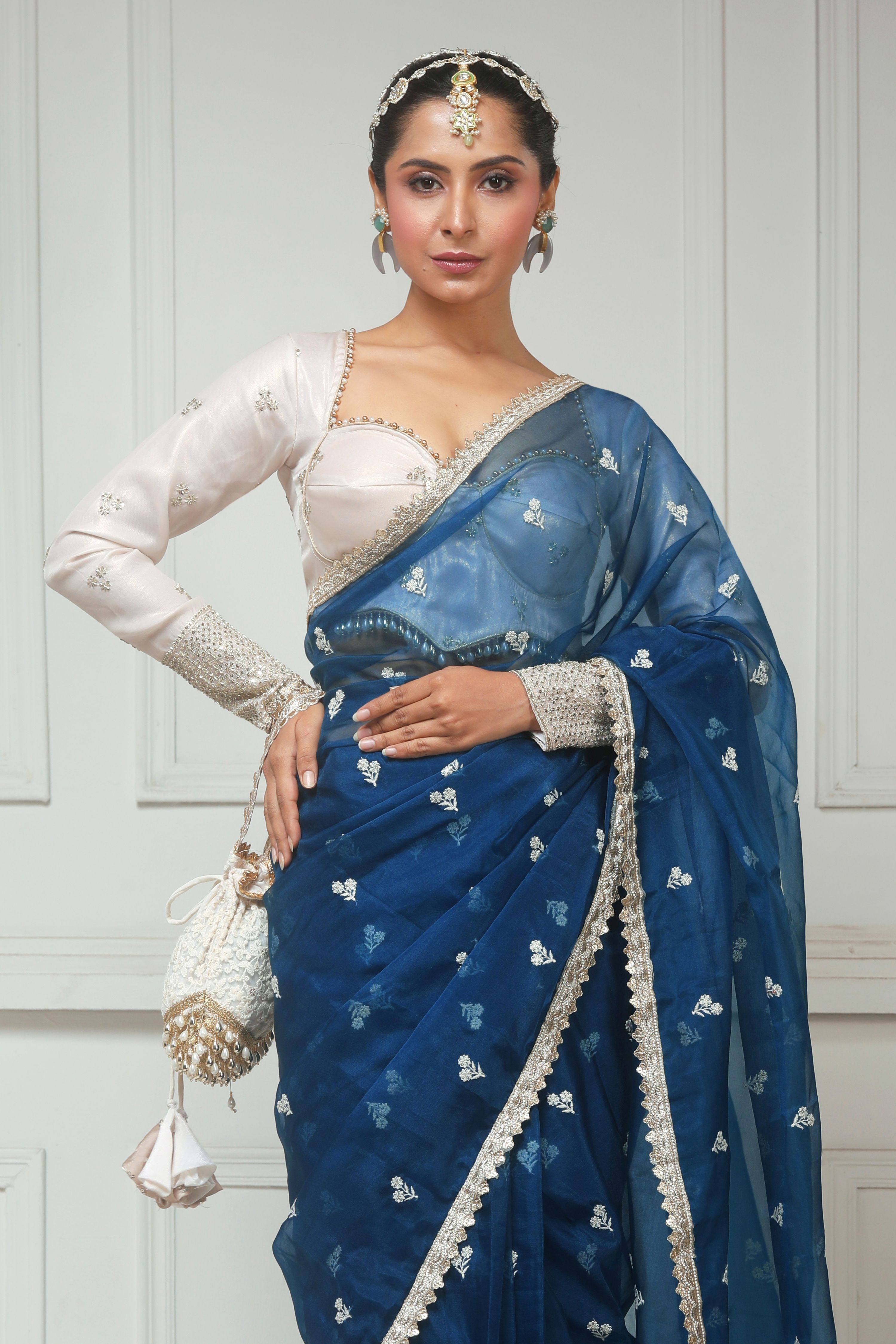 NAVY NARRATIVE SAREE WITH SEPIA FANTASY BLOUSE