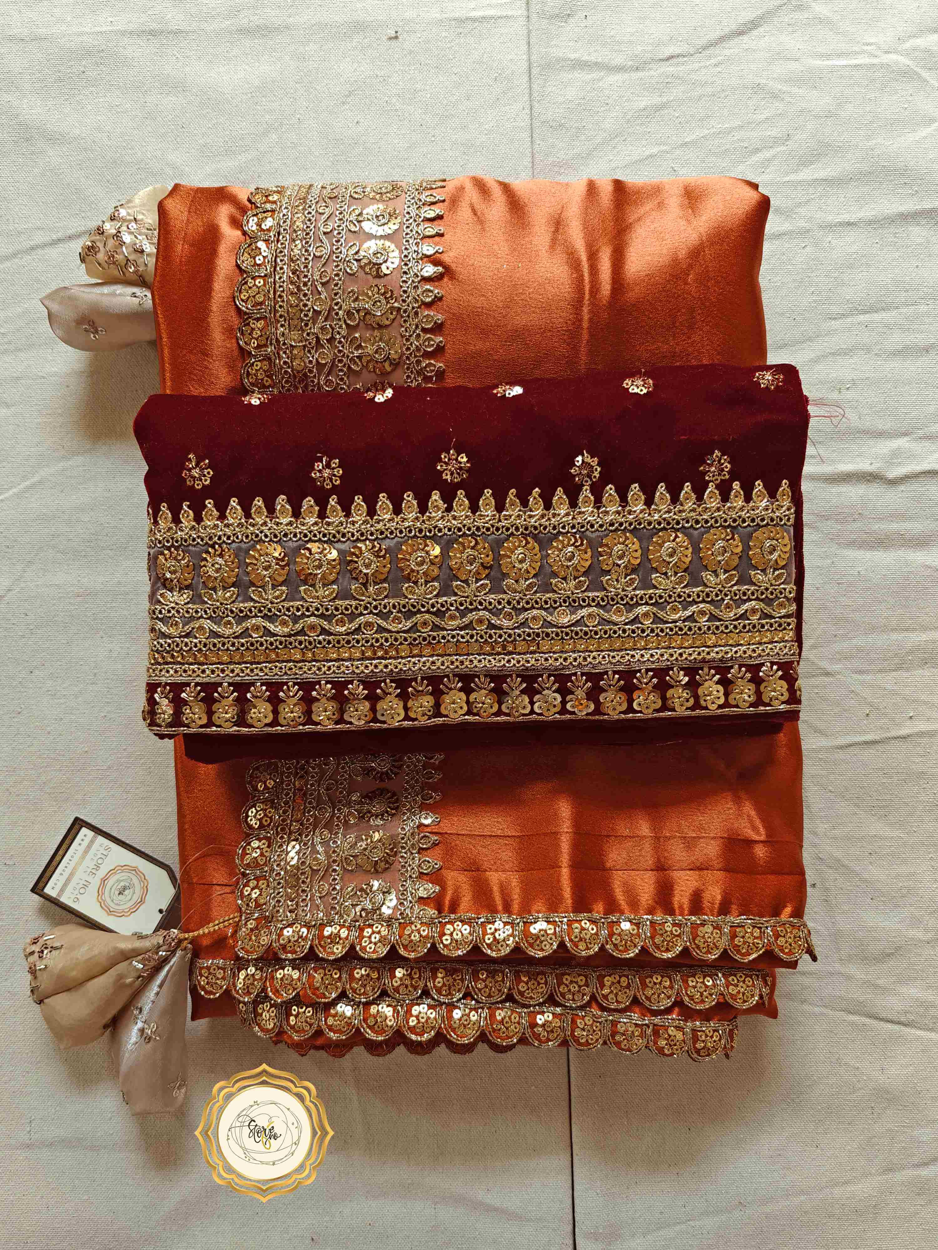 RUST PARTYWEAR SAREE WITH UNSTITCHED BLOUSE