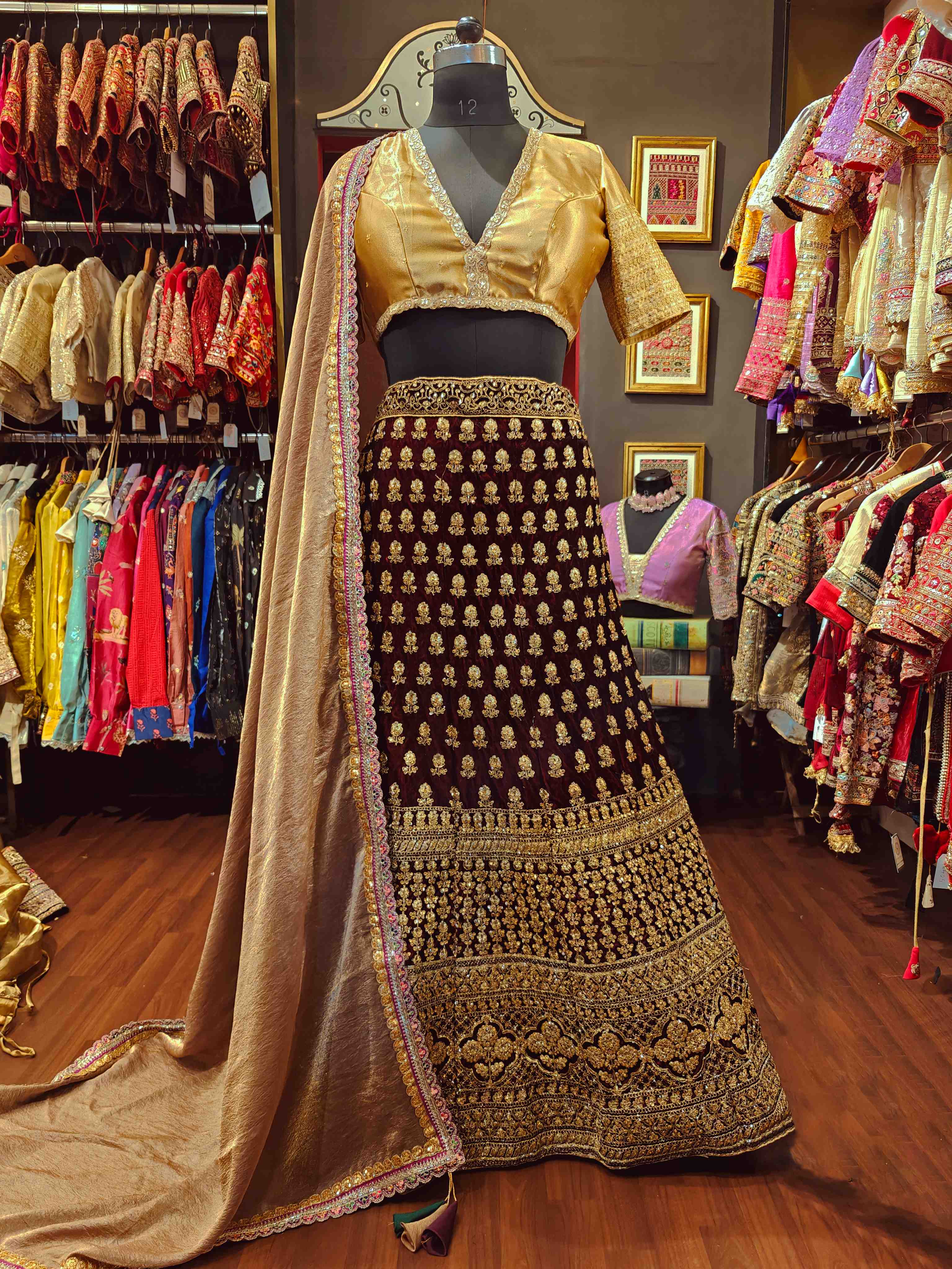 VELUXE VELVET LEHENGA SKIRT WITH DUPATTA AND STITCHED BLOUSE(WITH CANCAN)