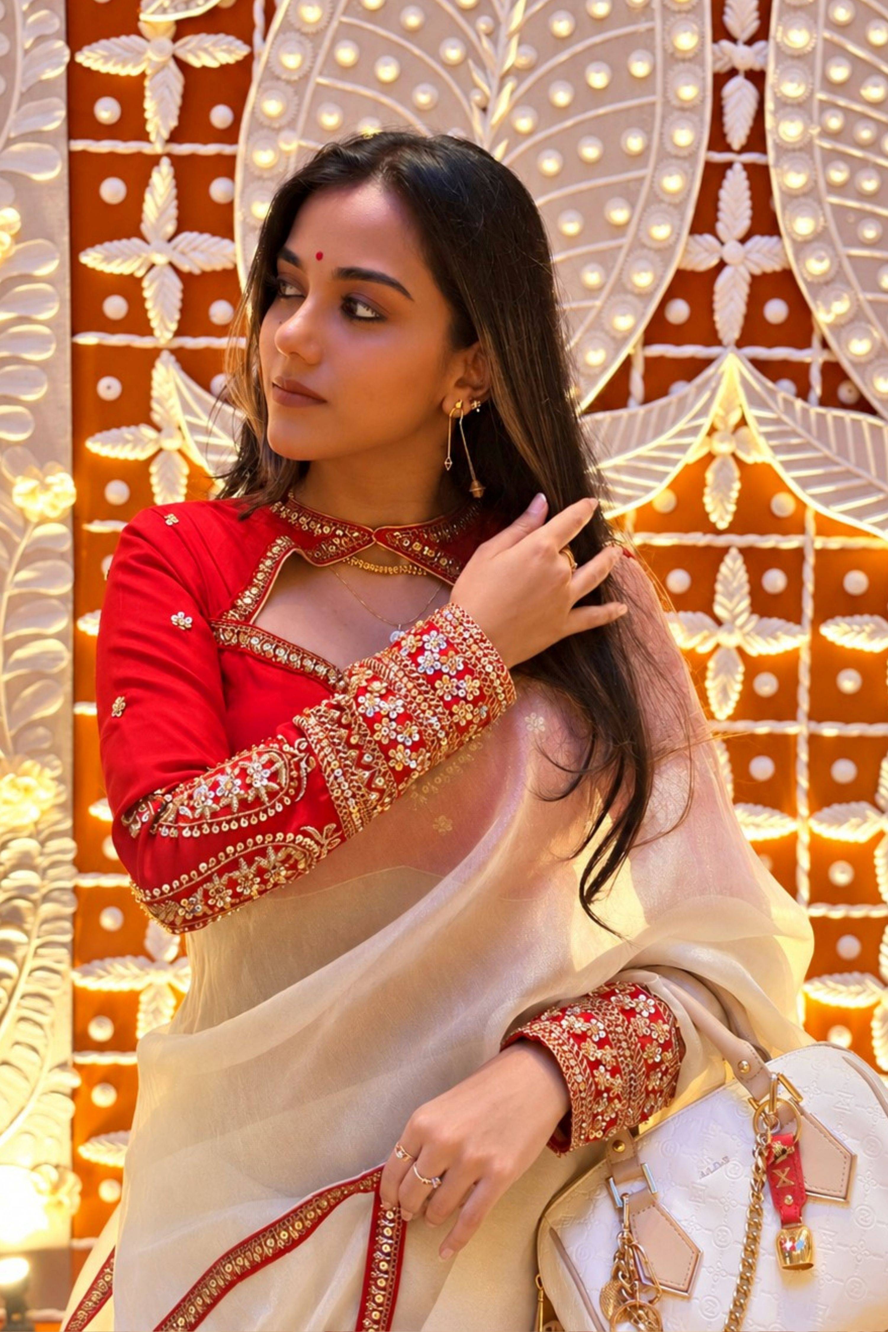 PEARL POISE SAREE WITH SCARLET LUXE CLASSIC BLOUSE