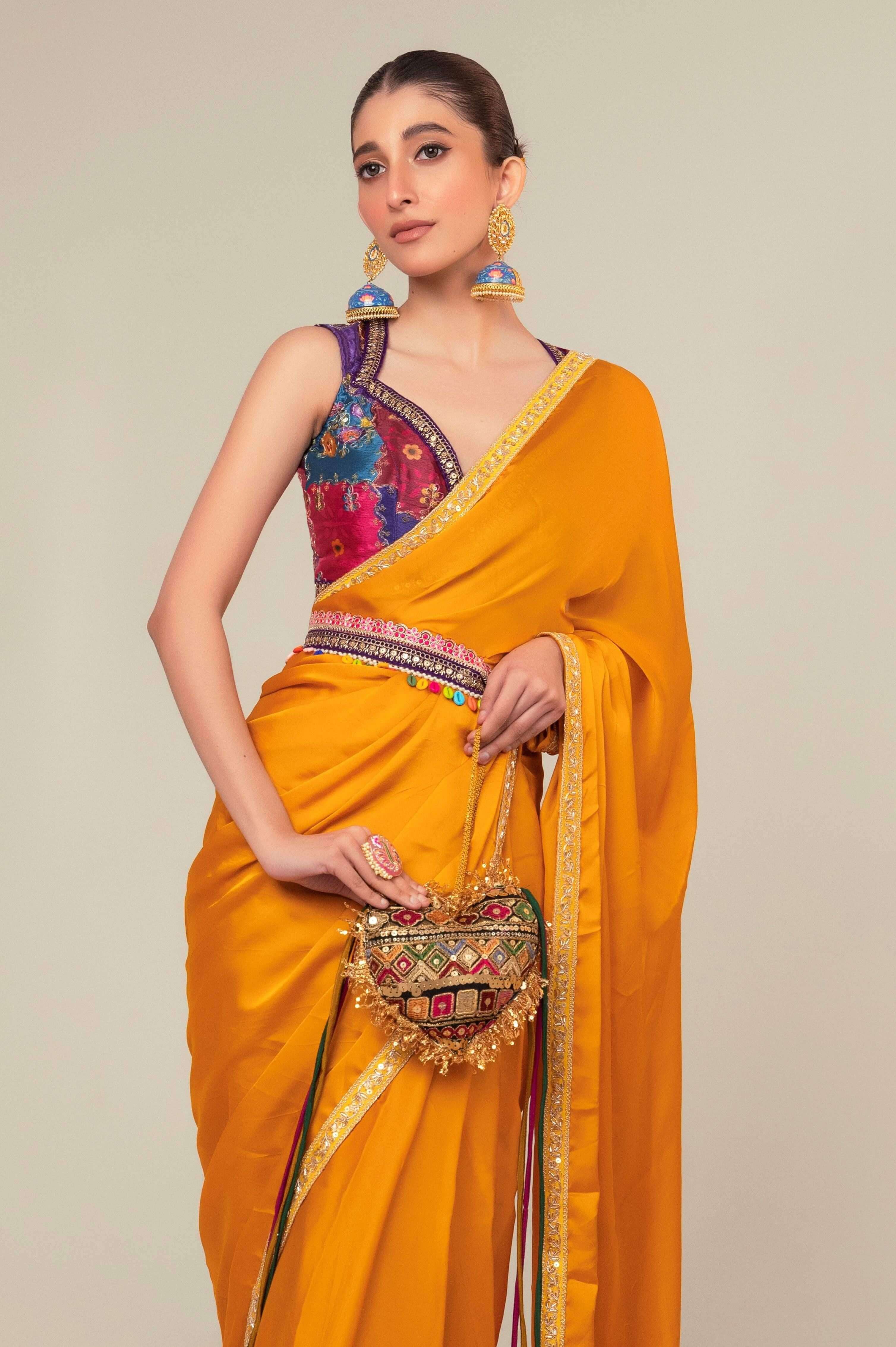 MARIGOLD MIST SAREE WITH BLUSH EDIT BLOUSE.