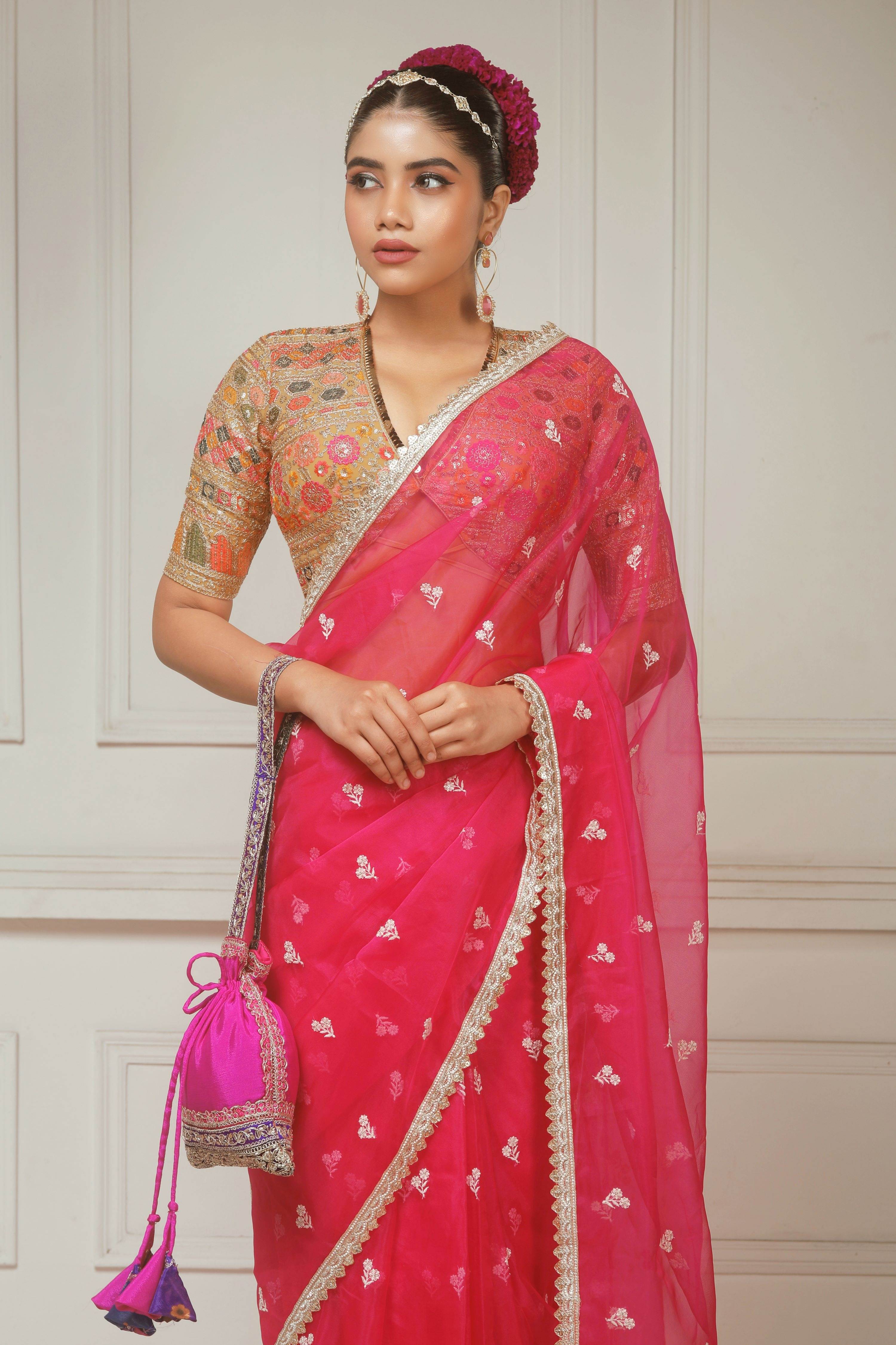 FUCHSIA FLAME SAREE WITH GLIDED GODDESS BLOUSE