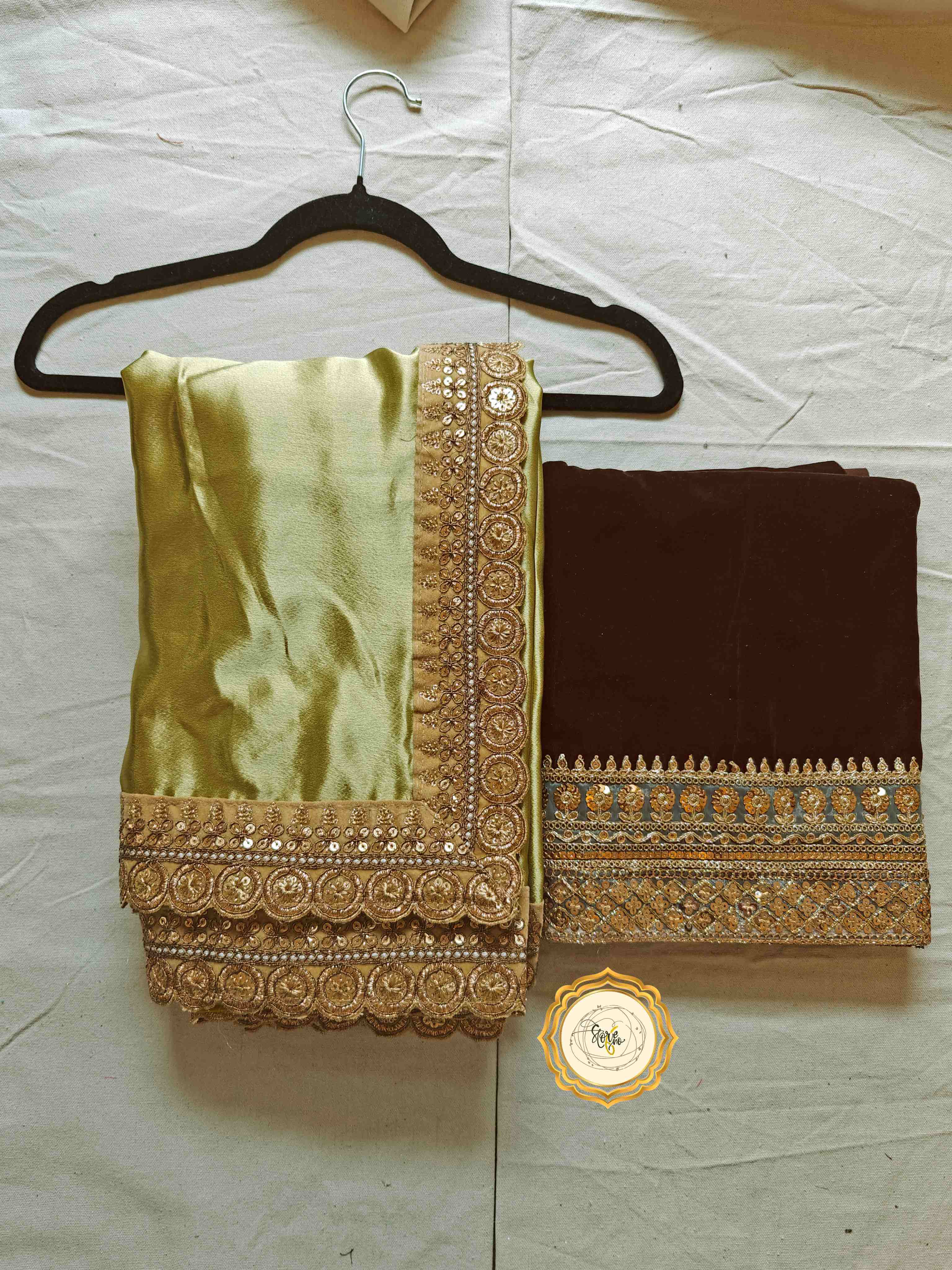 CLASSIC PRE DRAPED SAREE WITH UNSTITCHED BLOUSE in olive green satin and chocolate velvet with lace work.