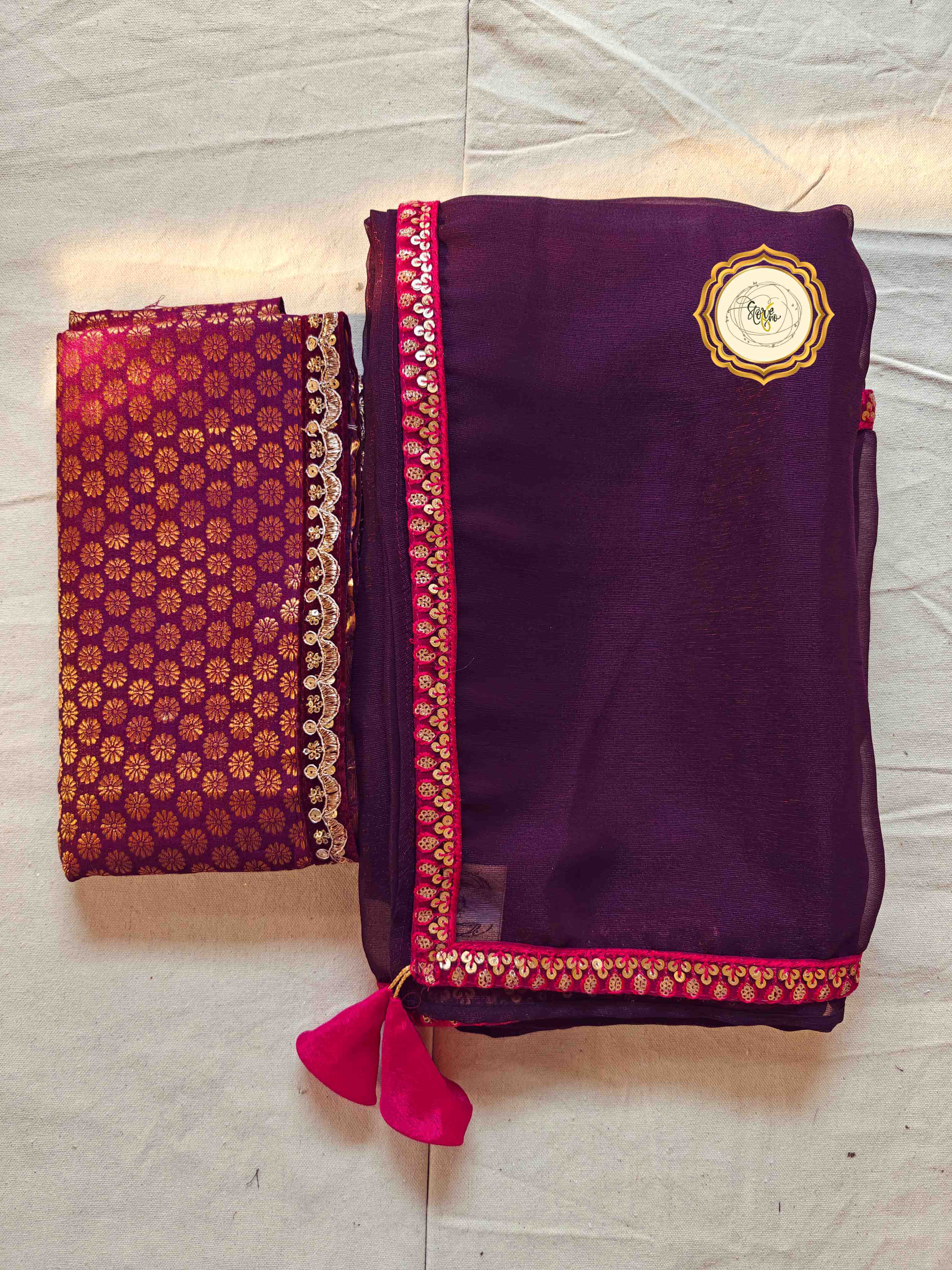 WINE PARTYWEAR SAREE WITH UNSTITCHED BLOUSE