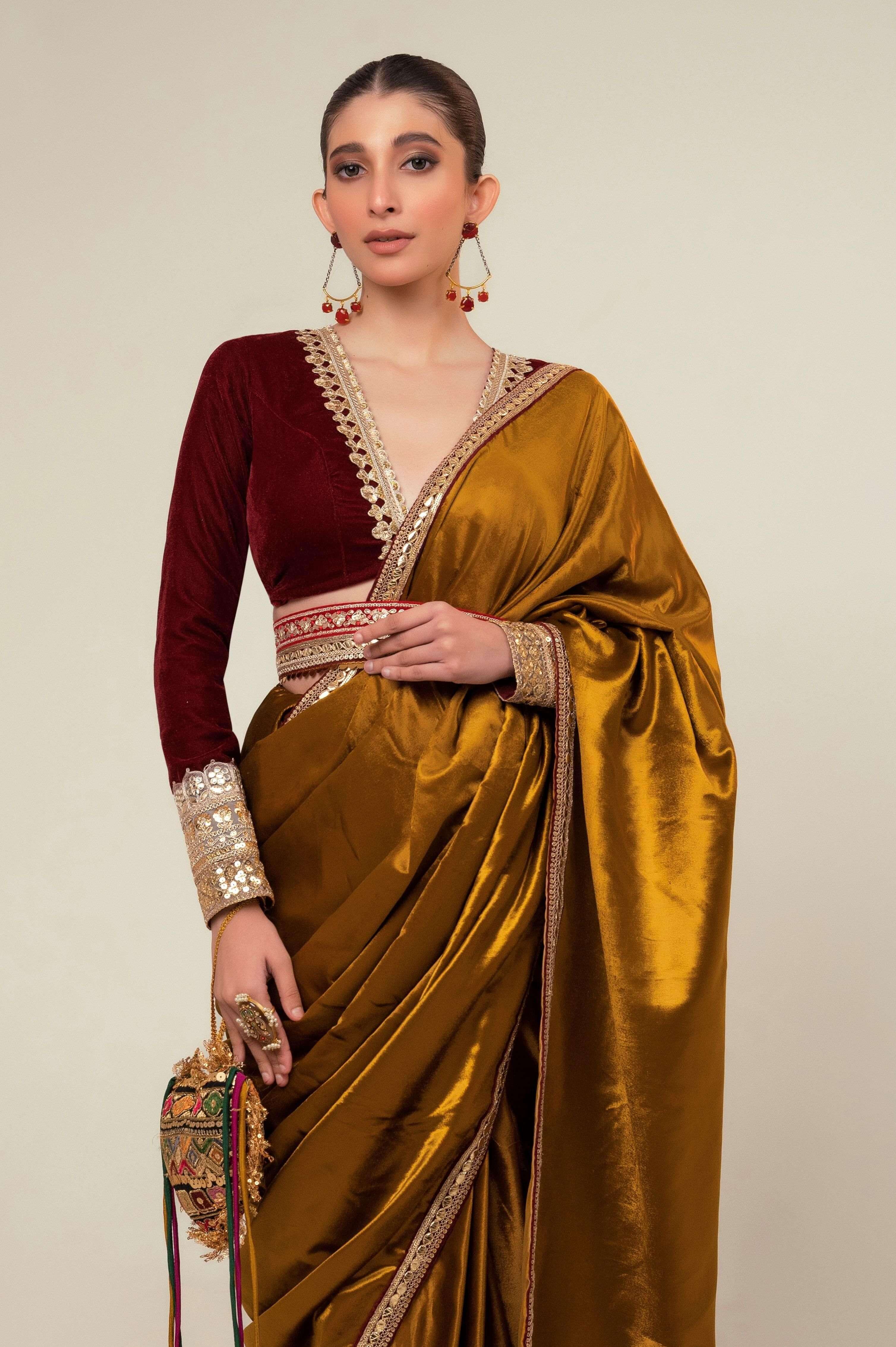 LUXE LIME SAREE WITH OXBLOOD EDGE BLOUSE.