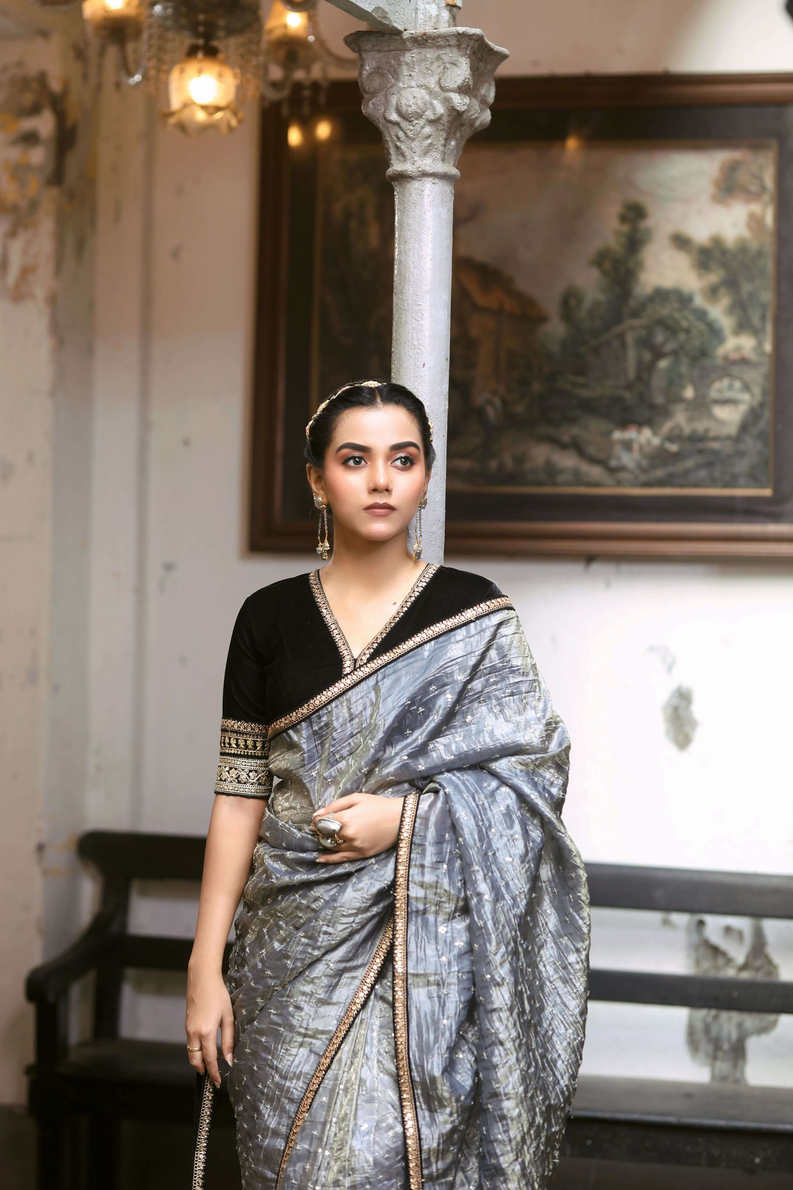 GRAPHITE GLAM SAREE WITH BLACK BEAUTY BLOUSE