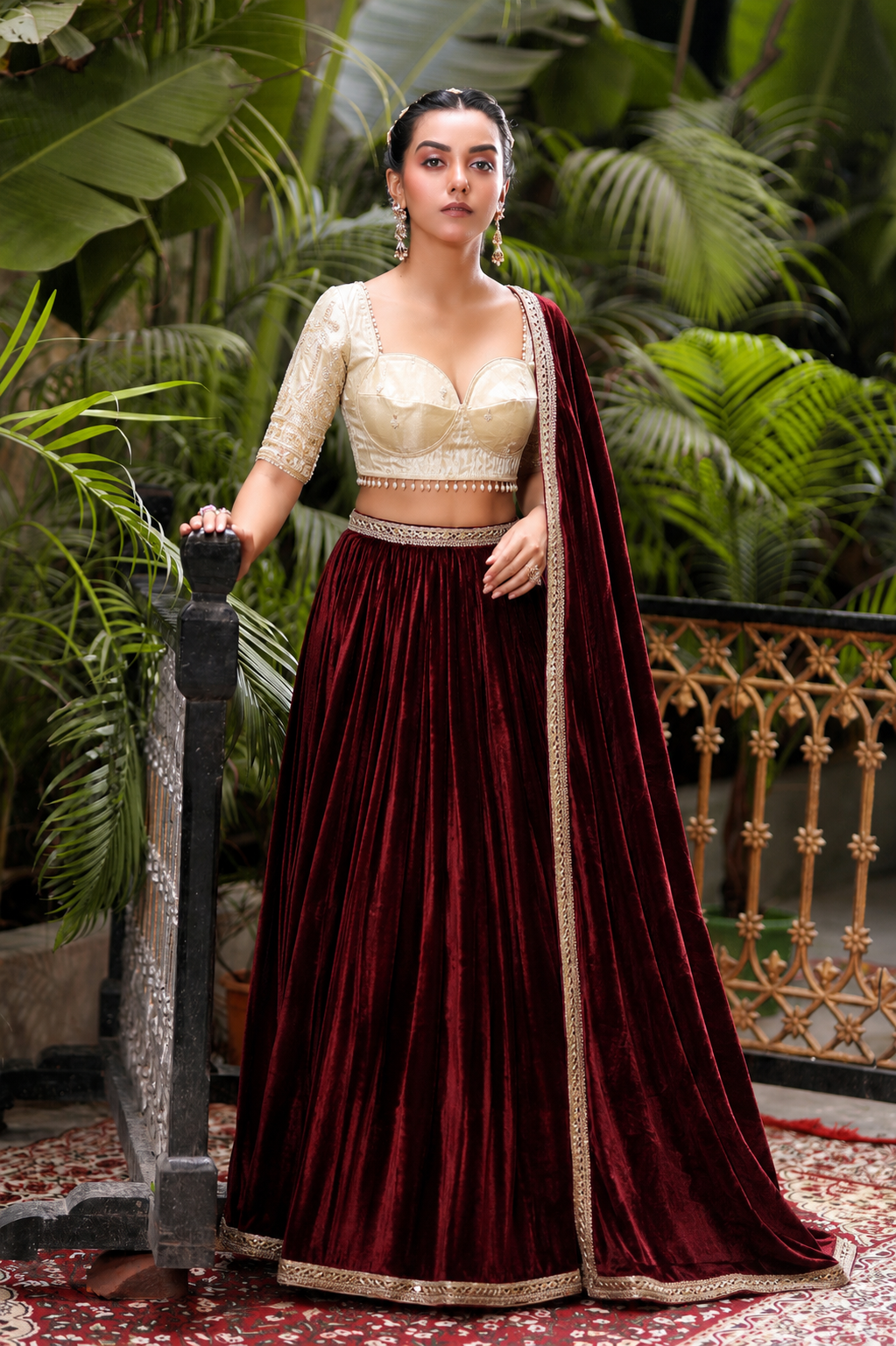 MEHRUN VELVET LEHENGA SKIRT WITH DUPATTA AND STITCHED BLOUSE(WITH CANCAN)