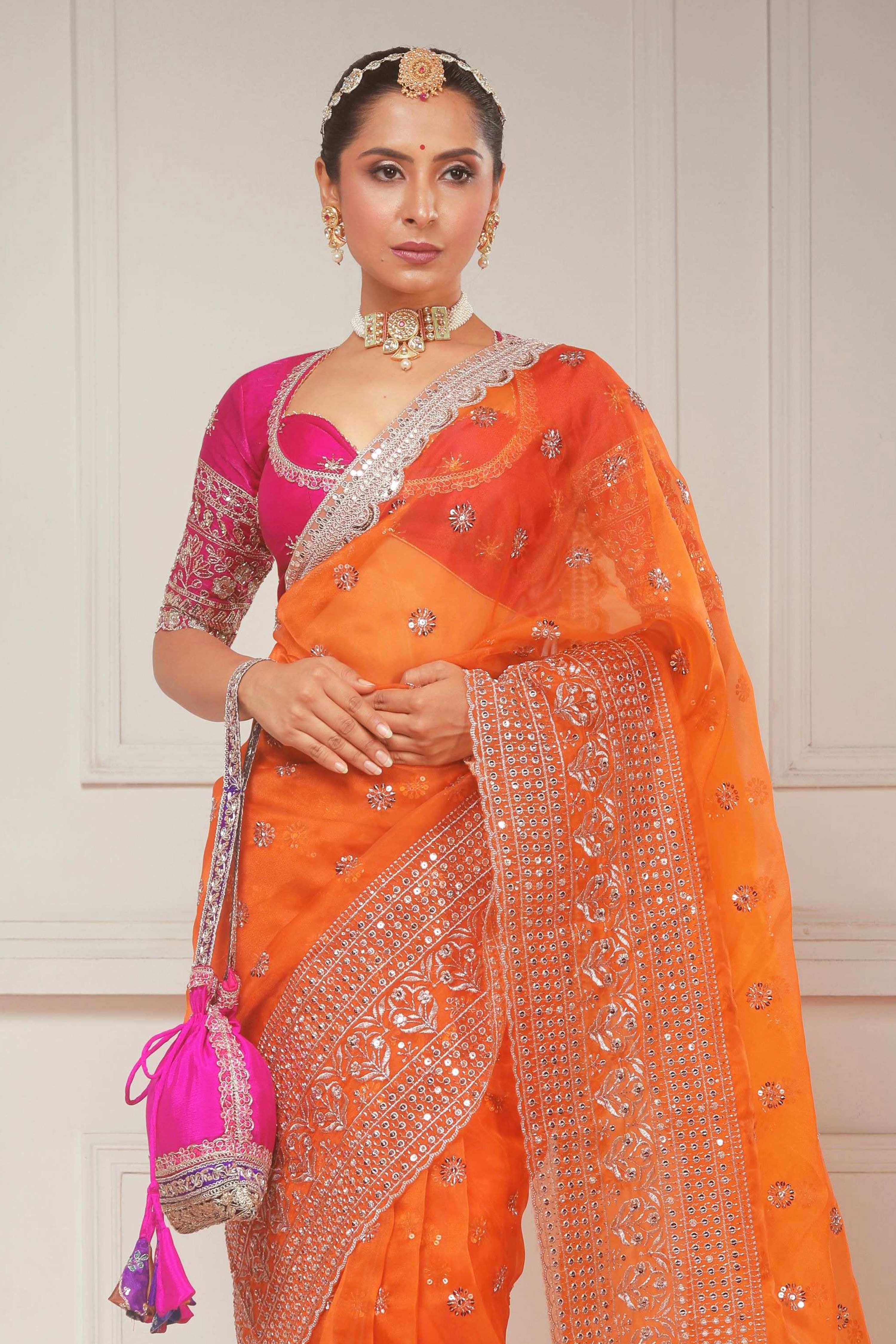 TANGERINE POETRY SAREE WITH CANDY WILDFLOWER BLOUSE