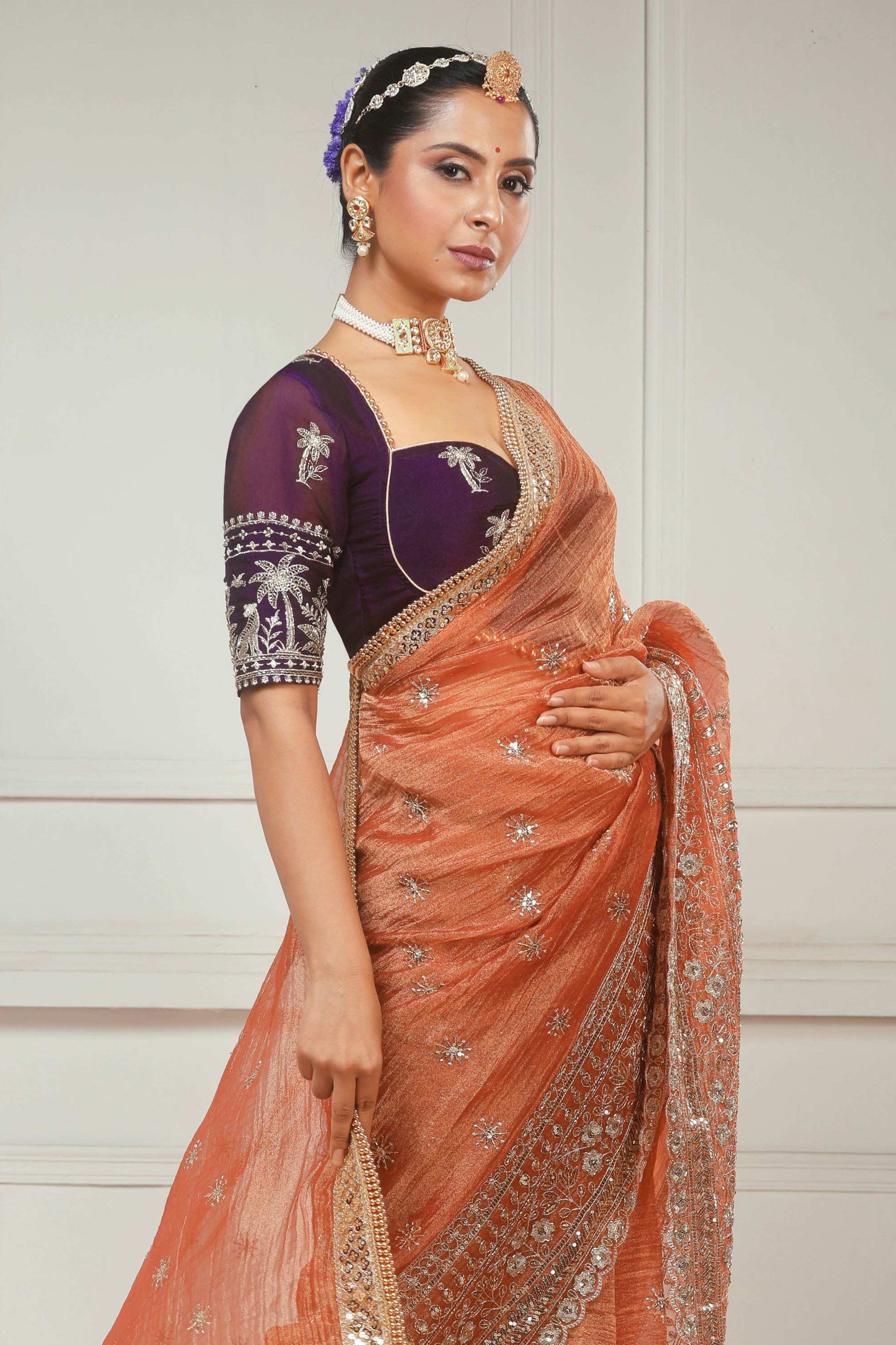 BLUSH WILDFLOWER SAREE WITH CRANBERRY CRUSH BLOUSE