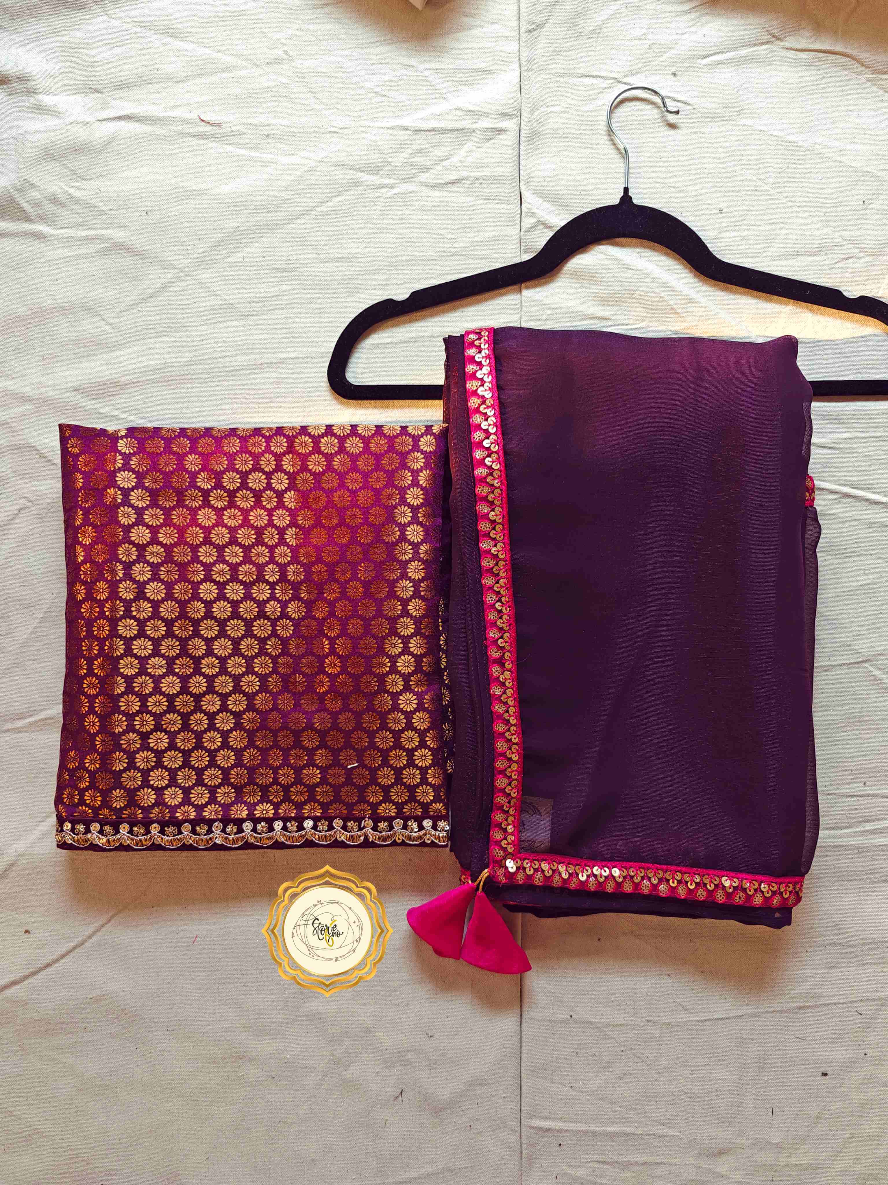WINE PARTYWEAR SAREE WITH UNSTITCHED BLOUSE