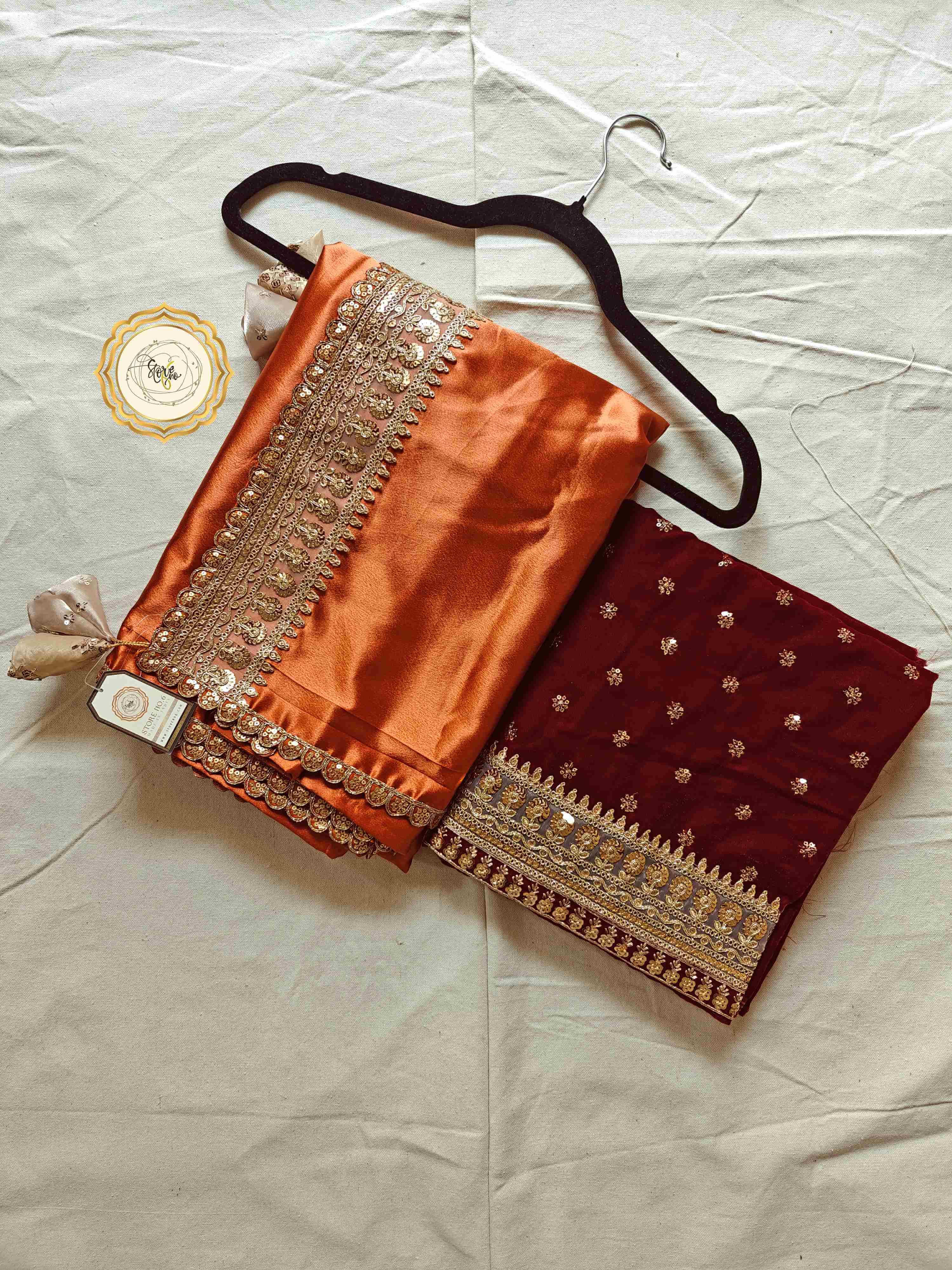 RUST PARTYWEAR SAREE WITH UNSTITCHED BLOUSE