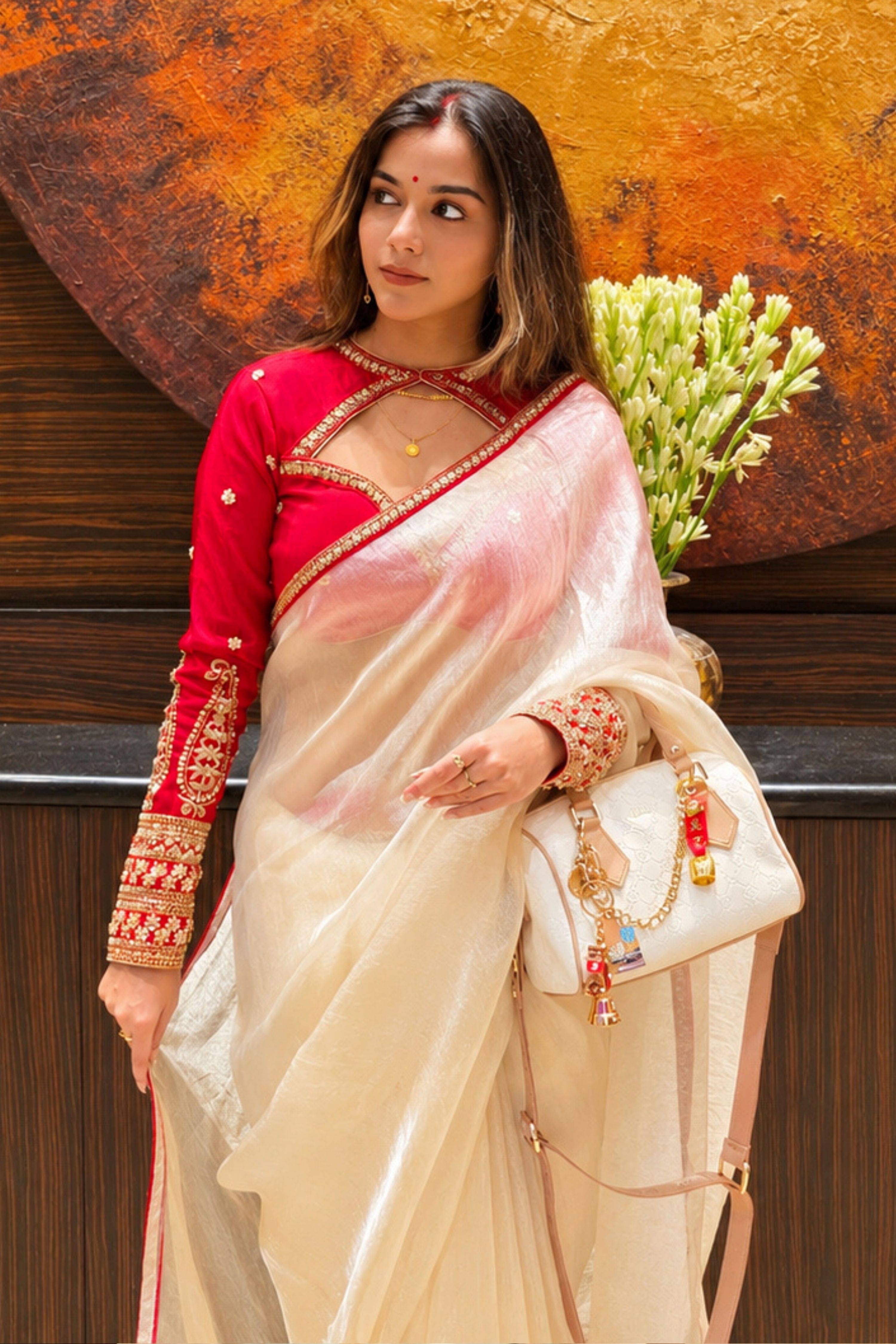 PEARL POISE SAREE WITH SCARLET LUXE CLASSIC BLOUSE