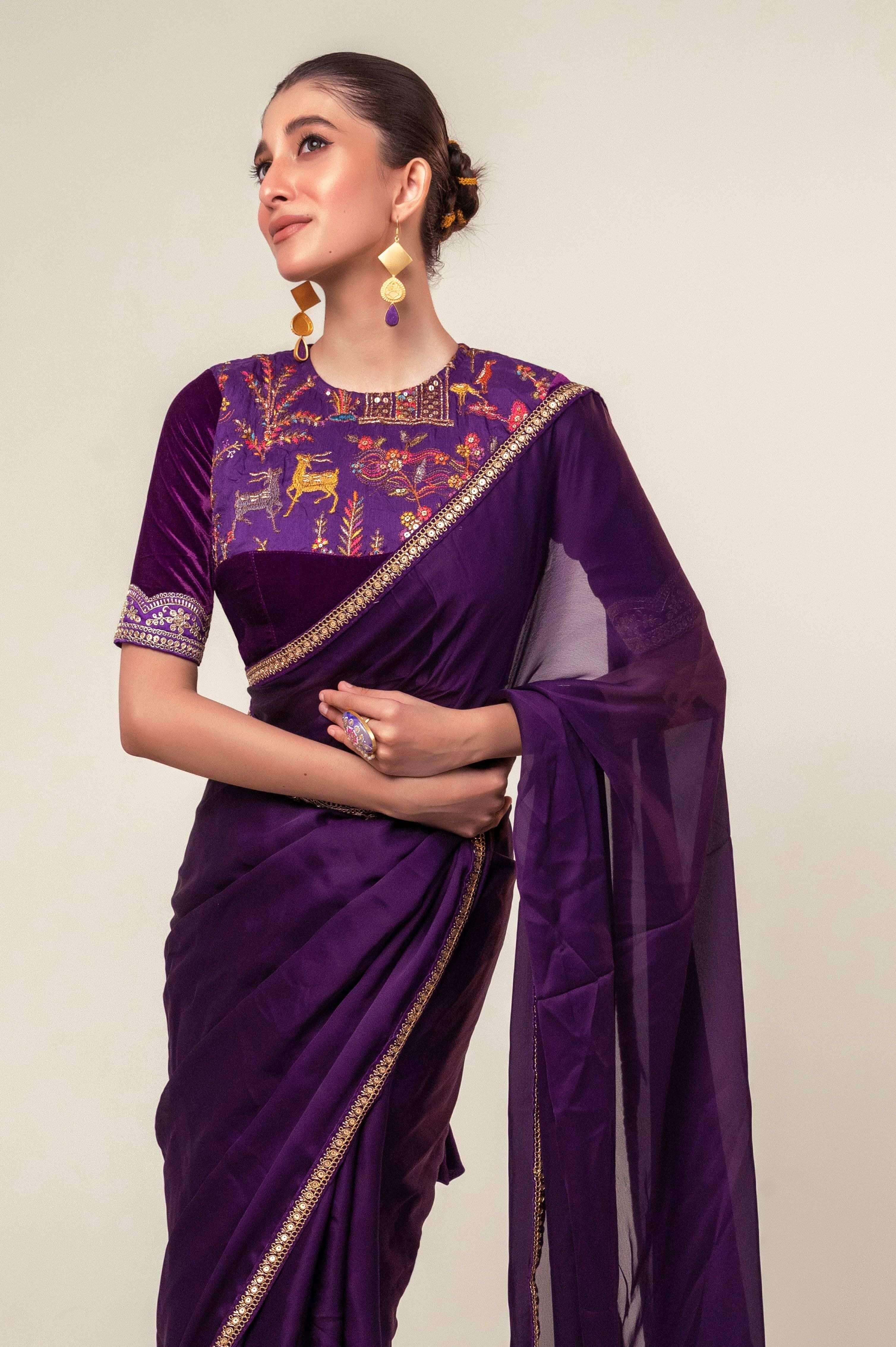 BOLD BLOOM SAREE WITH ROYAL HAZE BLOUSE.
