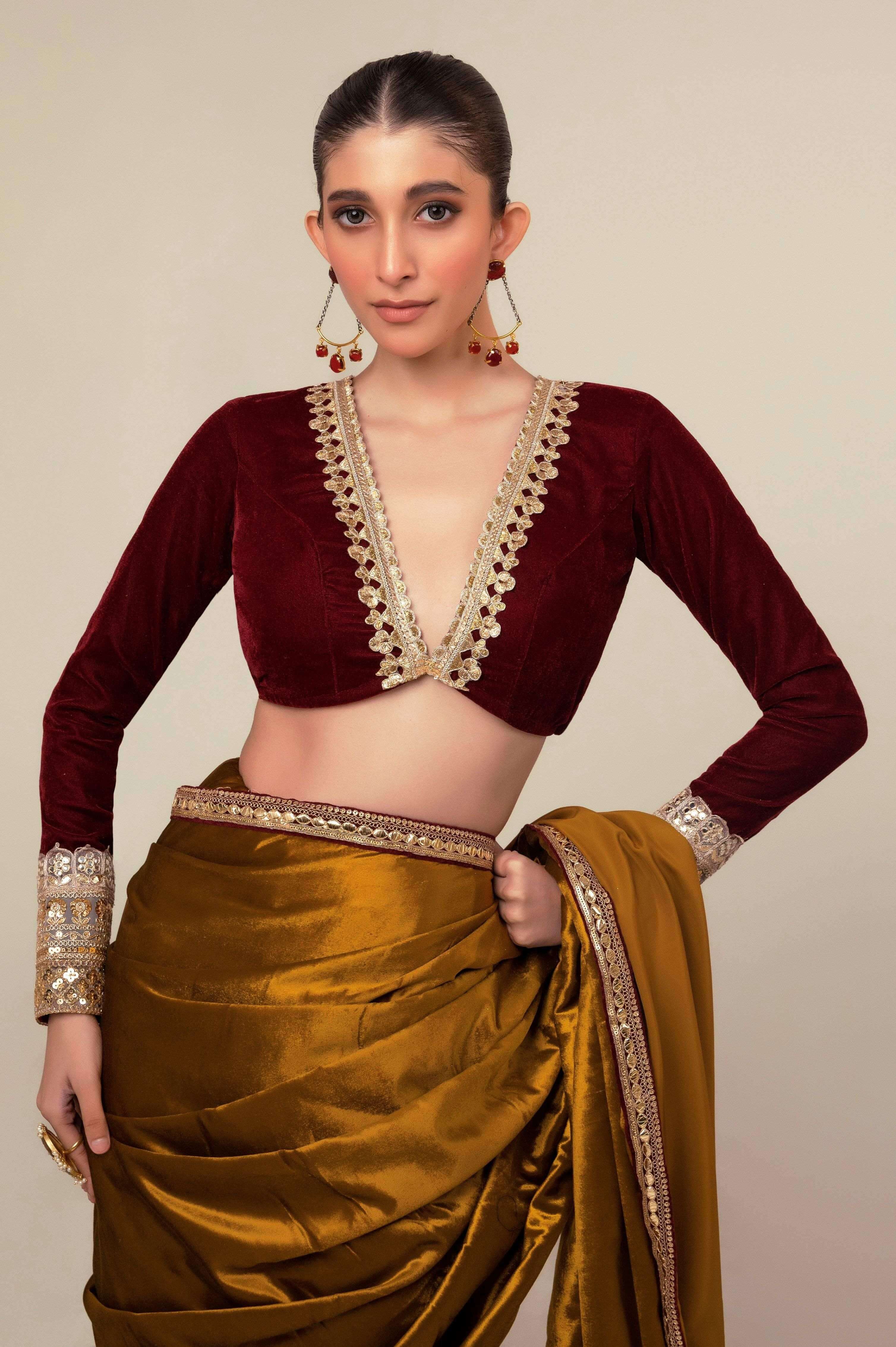LUXE LIME SAREE WITH OXBLOOD EDGE BLOUSE.