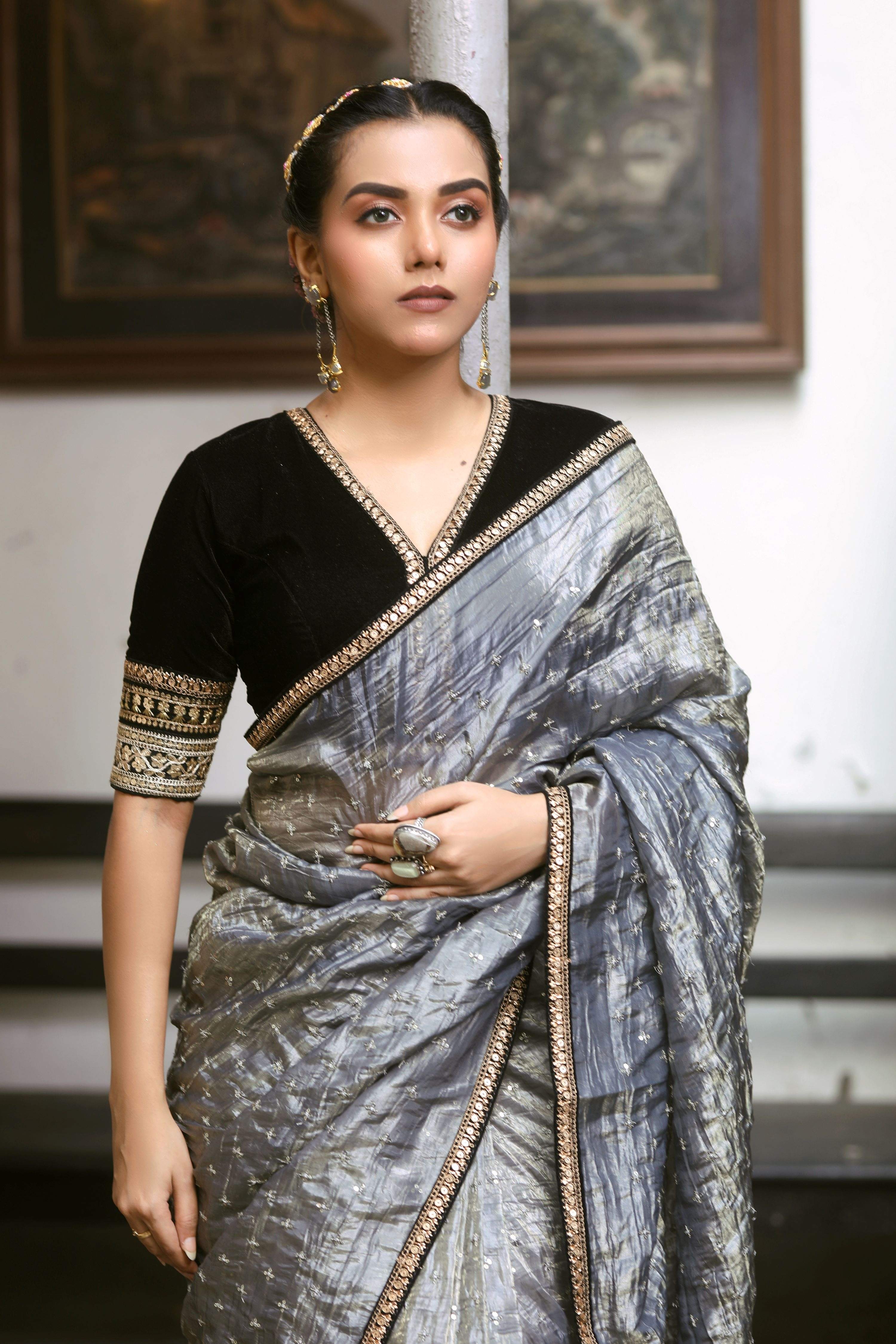 GRAPHITE GLAM SAREE WITH BLACK BEAUTY BLOUSE