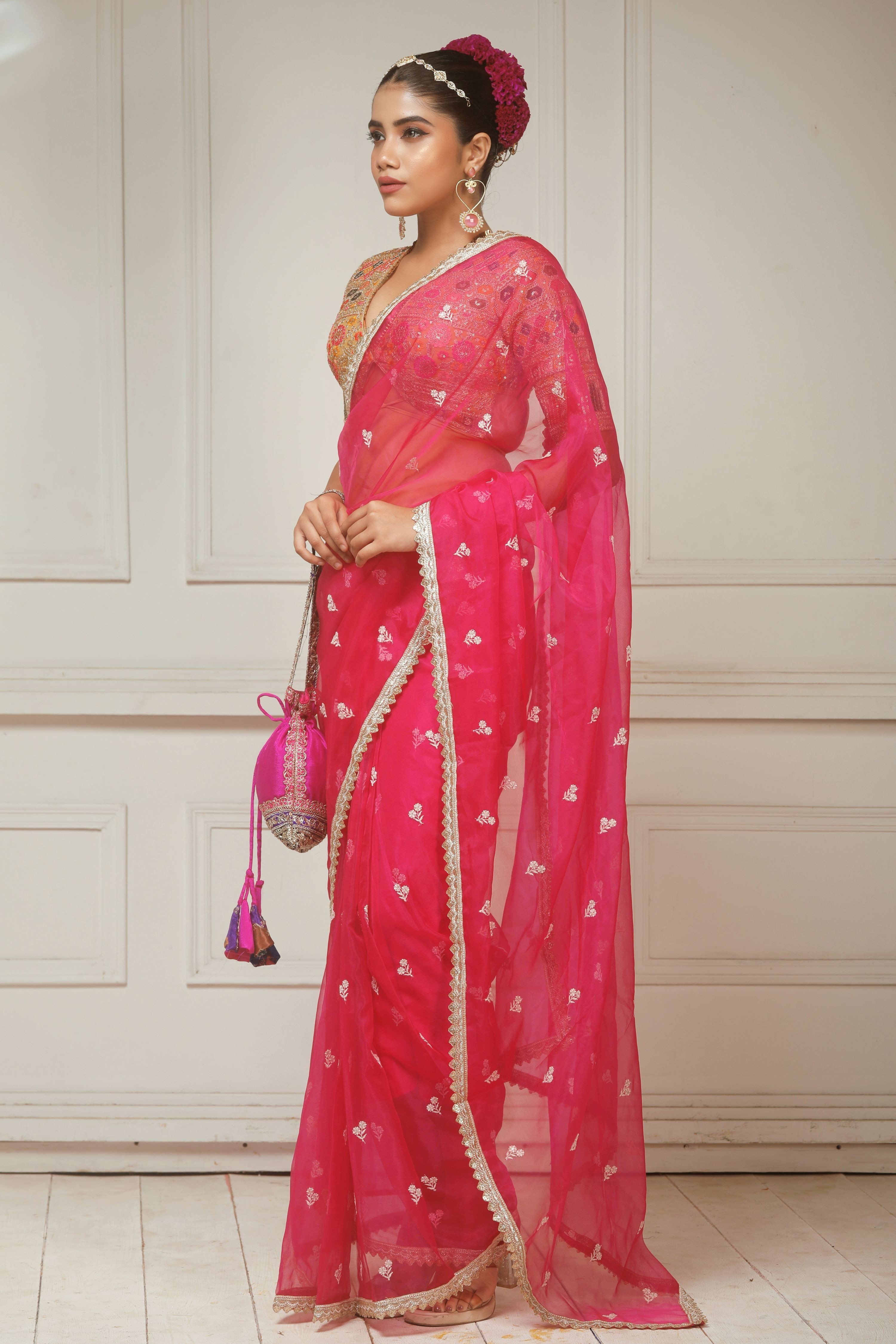 FUCHSIA FLAME SAREE WITH GLIDED GODDESS BLOUSE