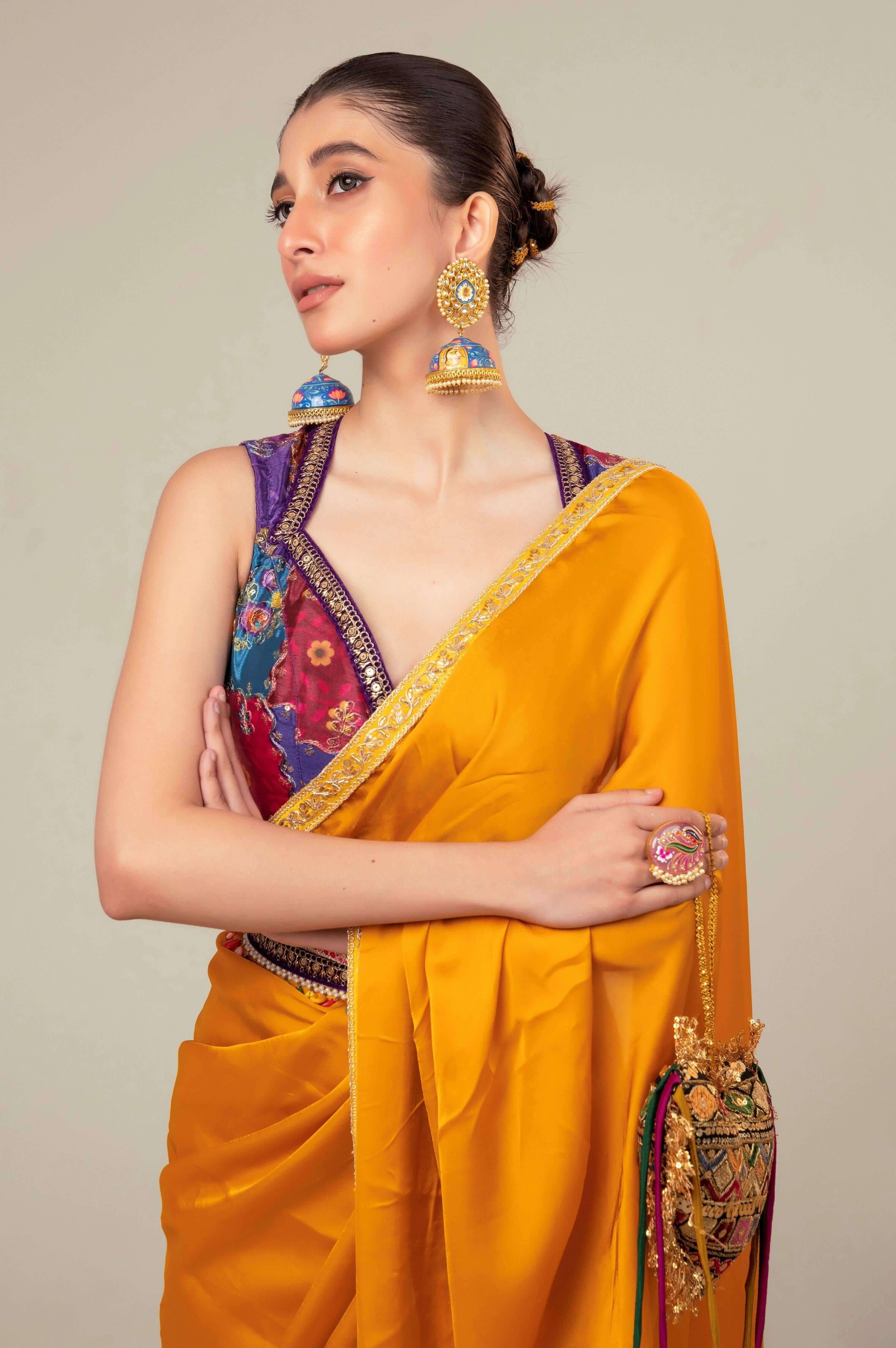 MARIGOLD MIST SAREE WITH BLUSH EDIT BLOUSE.
