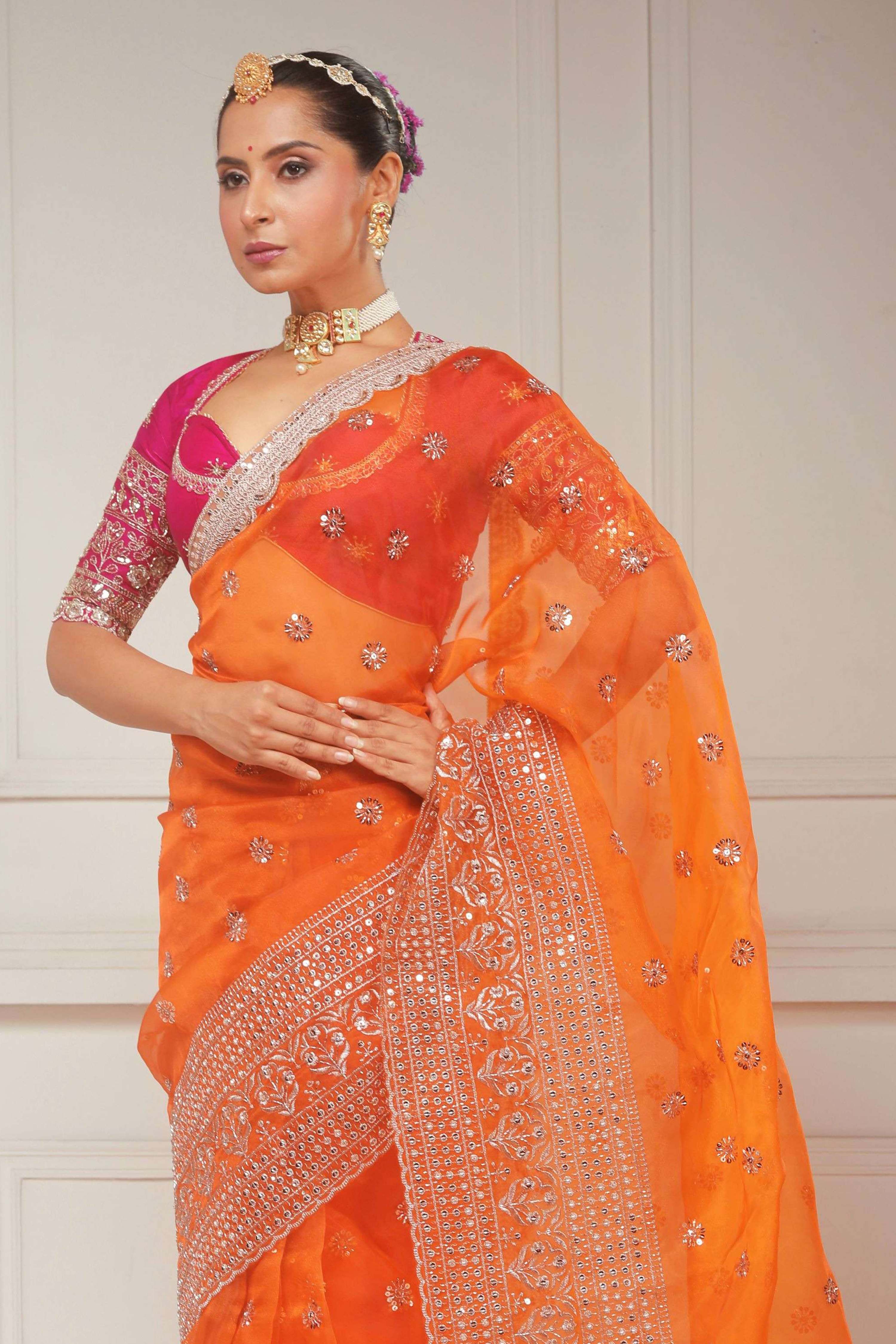 TANGERINE POETRY SAREE WITH CANDY WILDFLOWER BLOUSE
