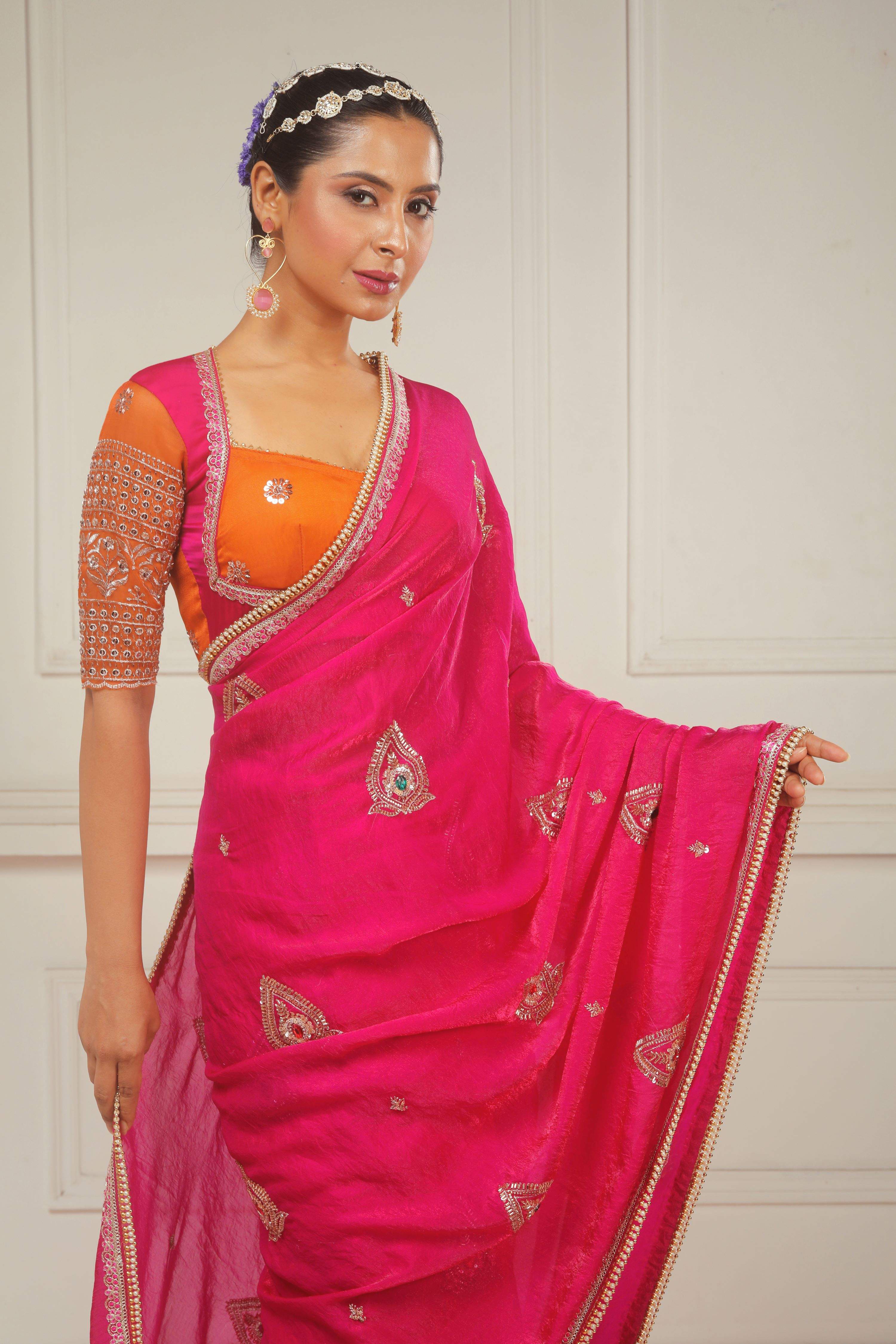 RANGREZ RANI SAREE WITH GOLD TANGERINE POETRY BLOUSE