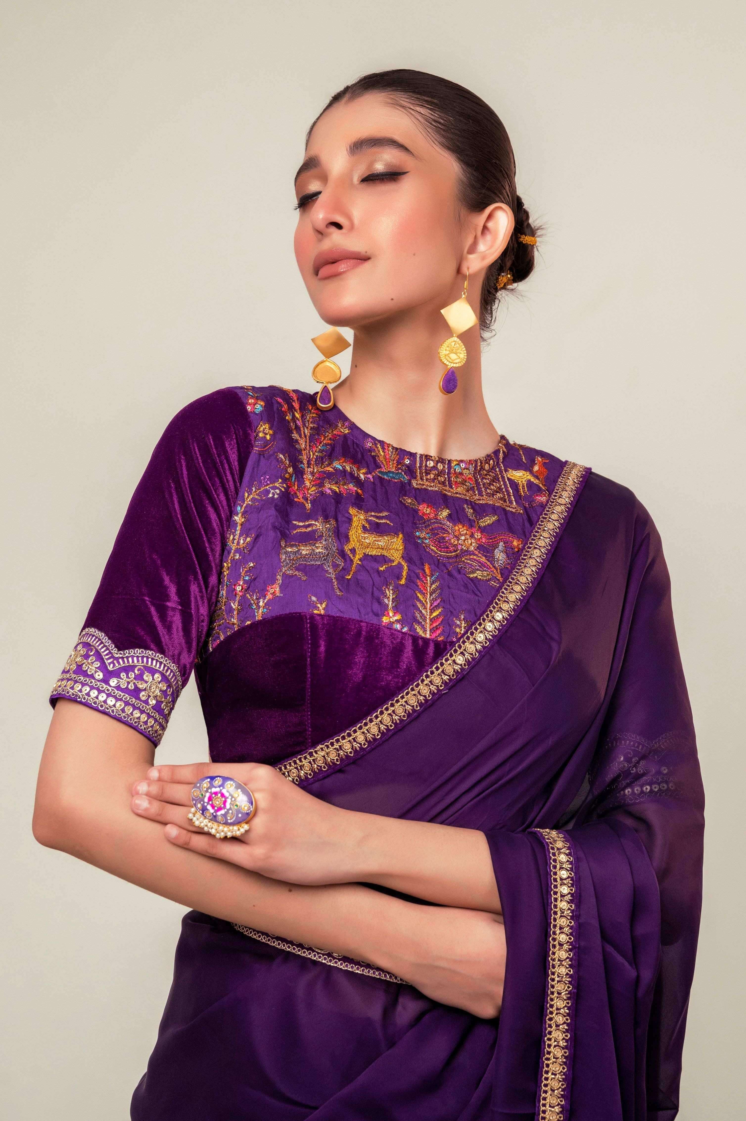 BOLD BLOOM SAREE WITH ROYAL HAZE BLOUSE.