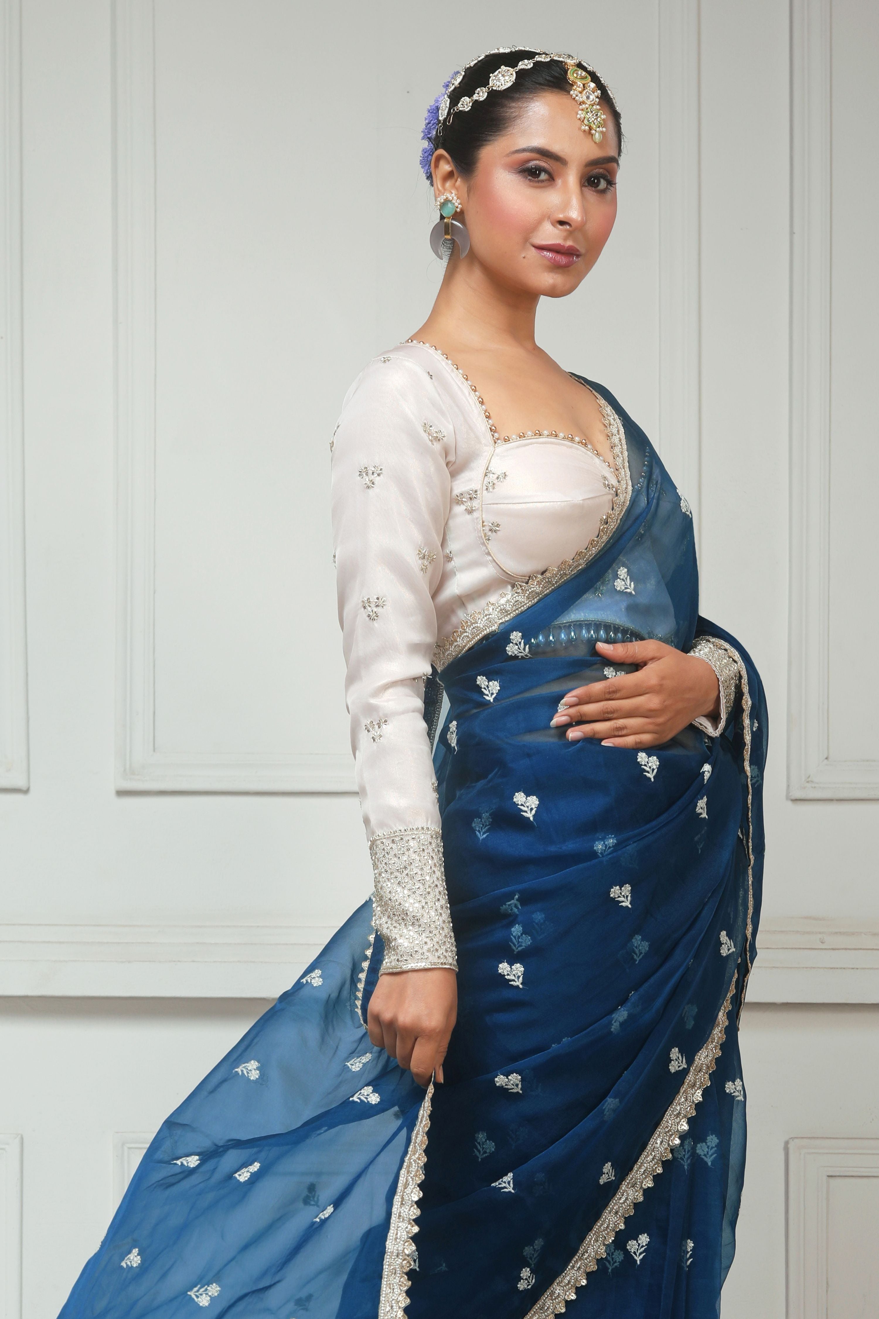 NAVY NARRATIVE SAREE WITH SEPIA FANTASY BLOUSE