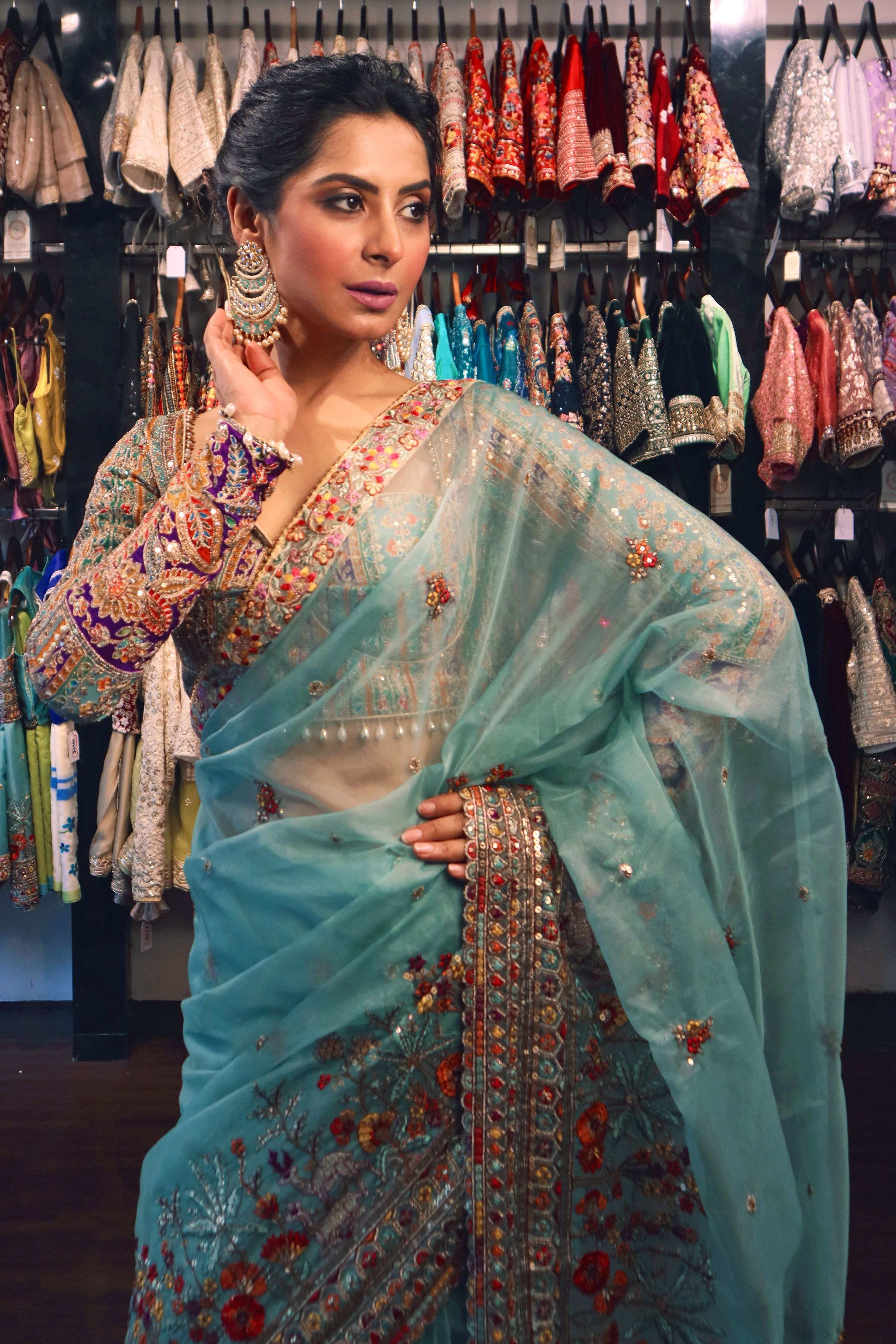 COASTAL CRUSH SAREE WITH TEAL TREASURE LUXE BLOUSE
