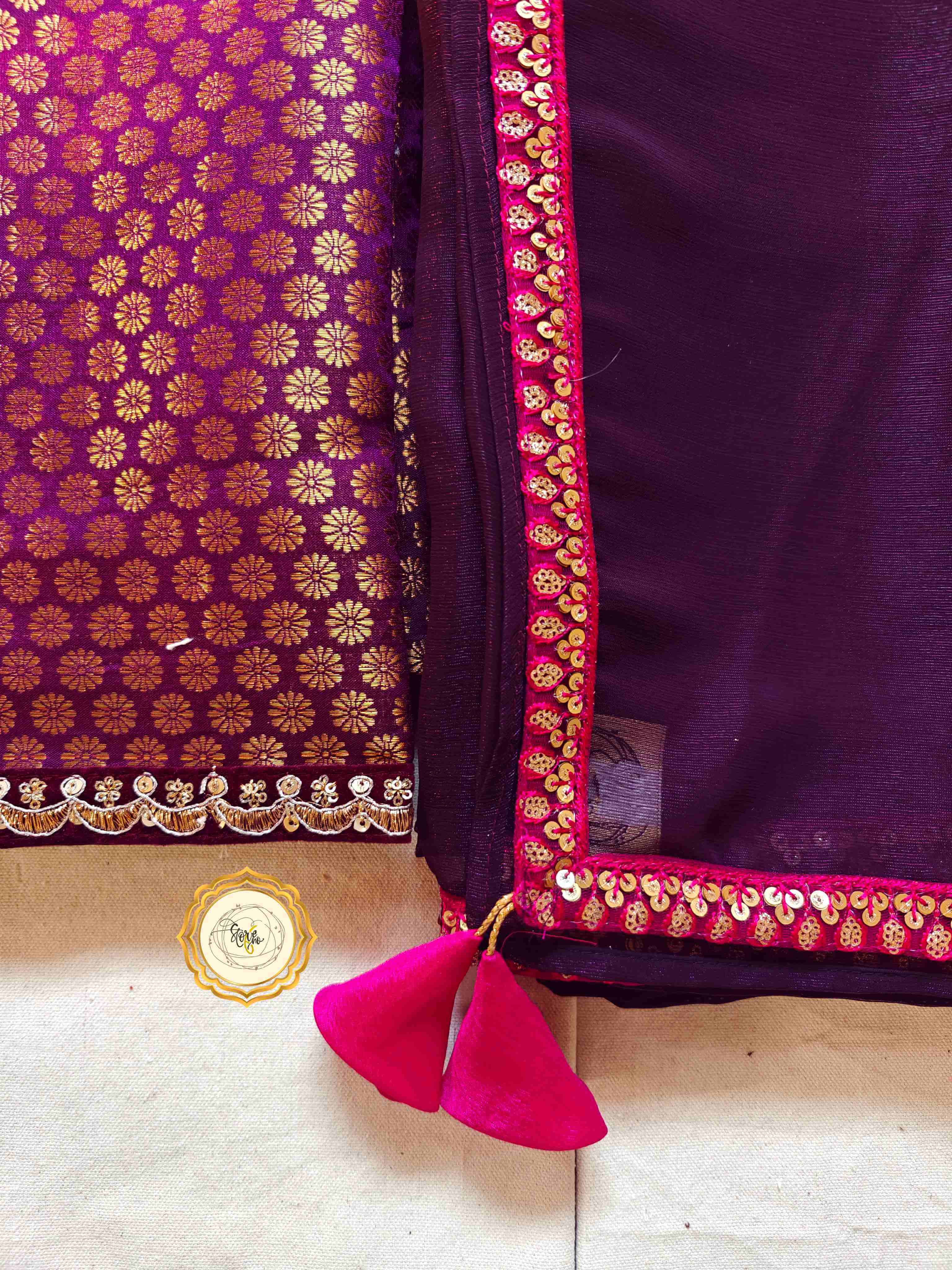 WINE PARTYWEAR SAREE WITH UNSTITCHED BLOUSE