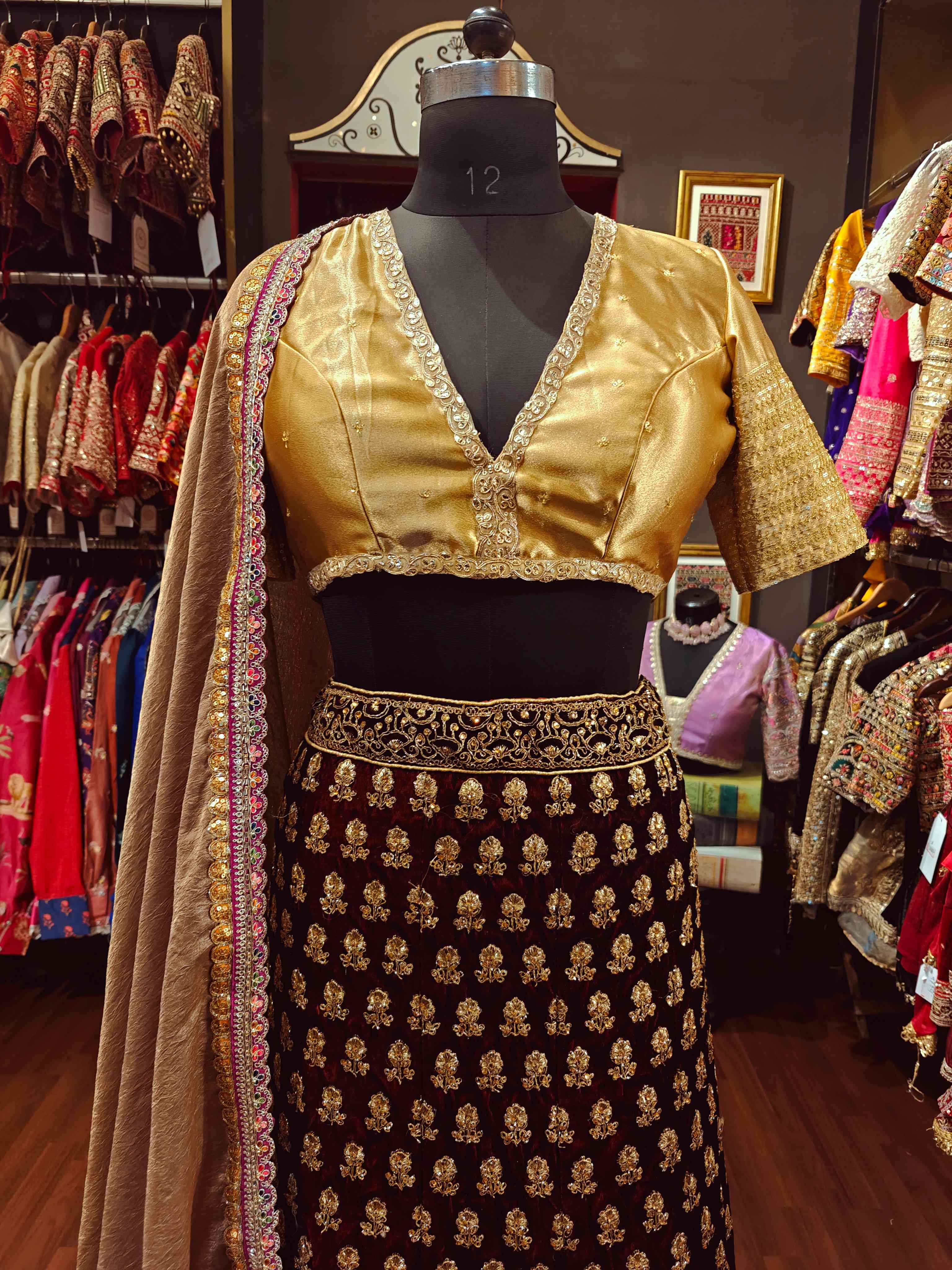 VELUXE VELVET LEHENGA SKIRT WITH DUPATTA AND STITCHED BLOUSE(WITH CANCAN)