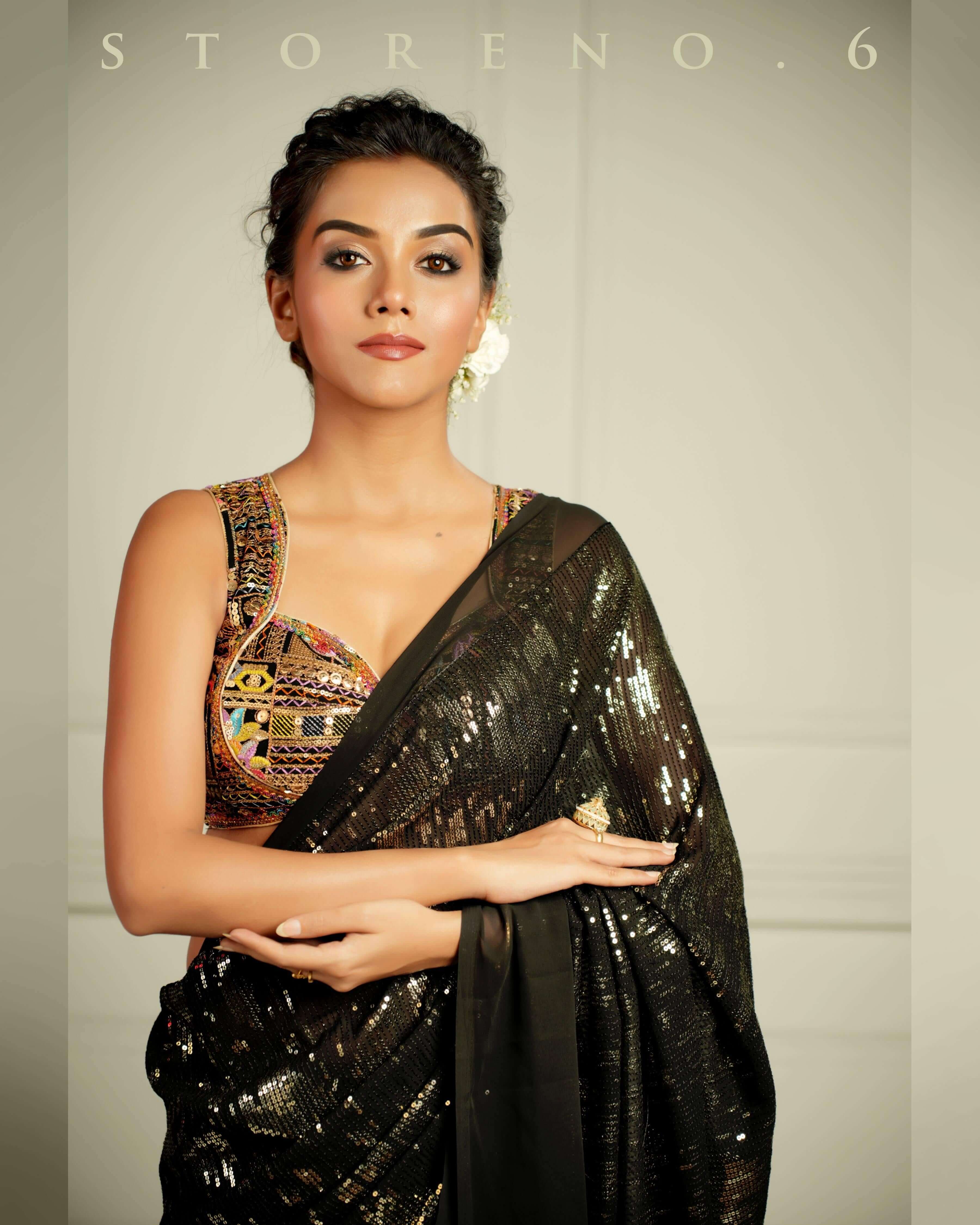 BLACK WIDOW COCKTAIL SAREE WITH SASS OF BLACK BLOUSE.
