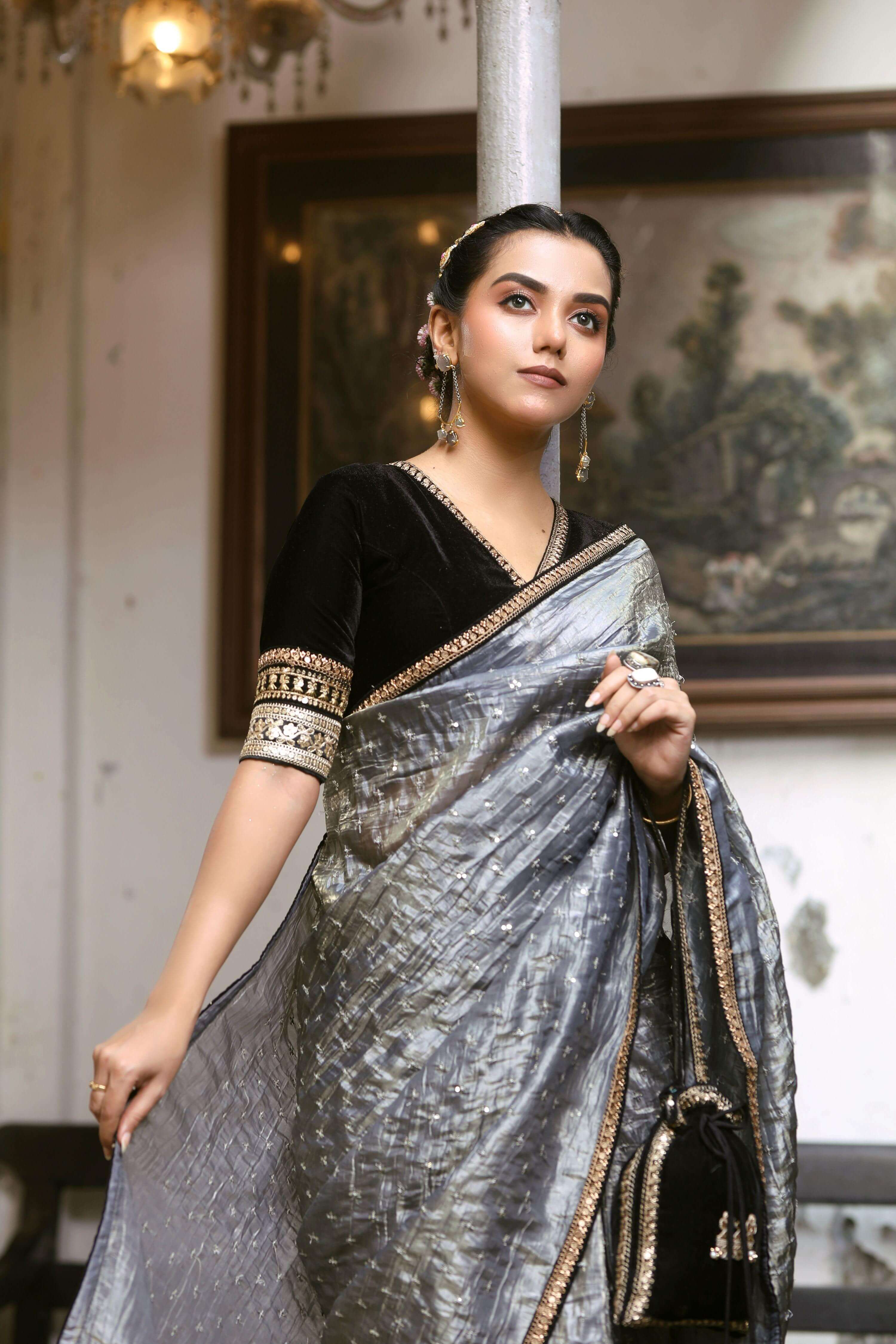 GRAPHITE GLAM SAREE WITH BLACK BEAUTY BLOUSE
