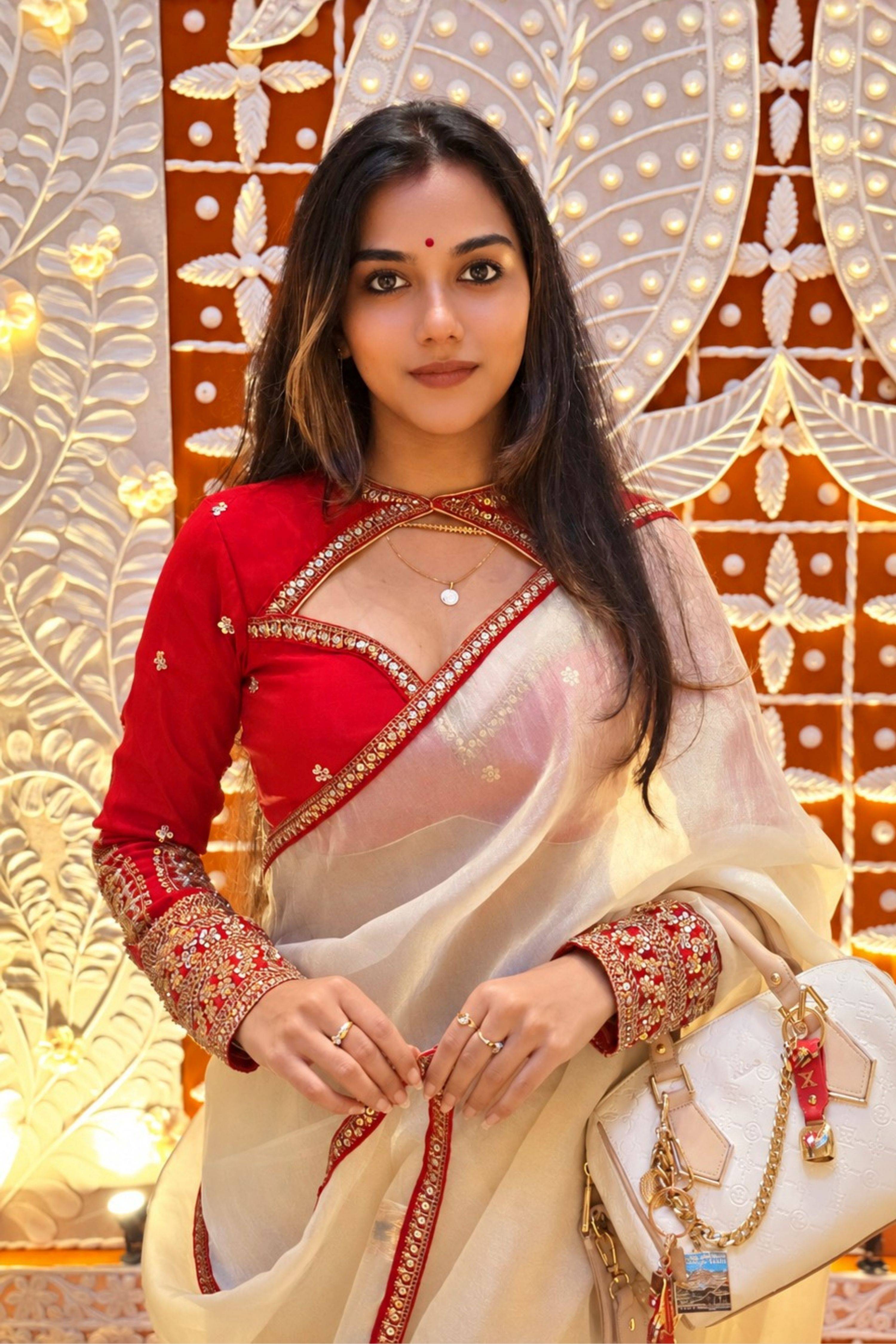 PEARL POISE SAREE WITH SCARLET LUXE CLASSIC BLOUSE