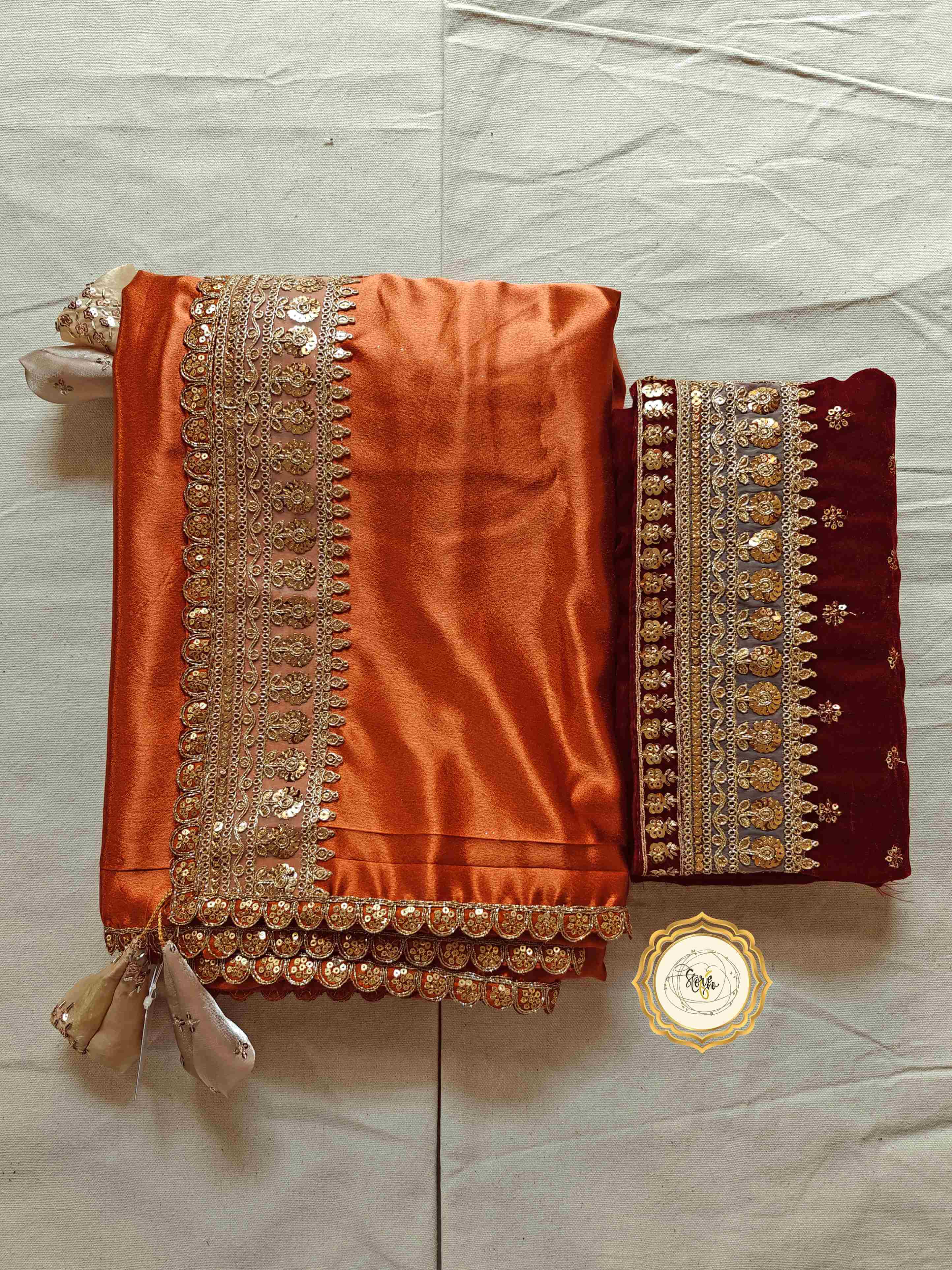 RUST PARTYWEAR SAREE WITH UNSTITCHED BLOUSE