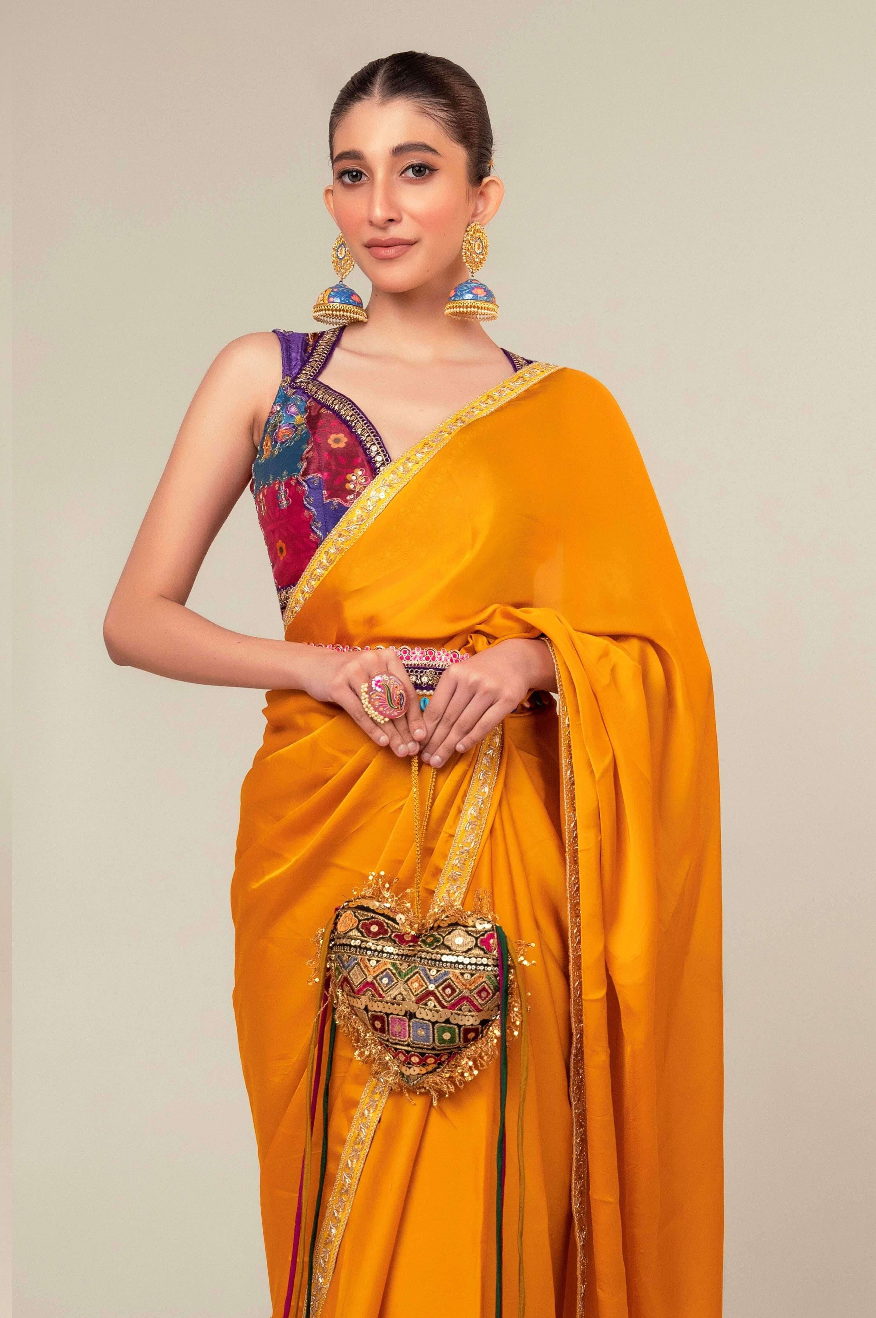 MARIGOLD MIST SAREE WITH BLUSH EDIT BLOUSE.