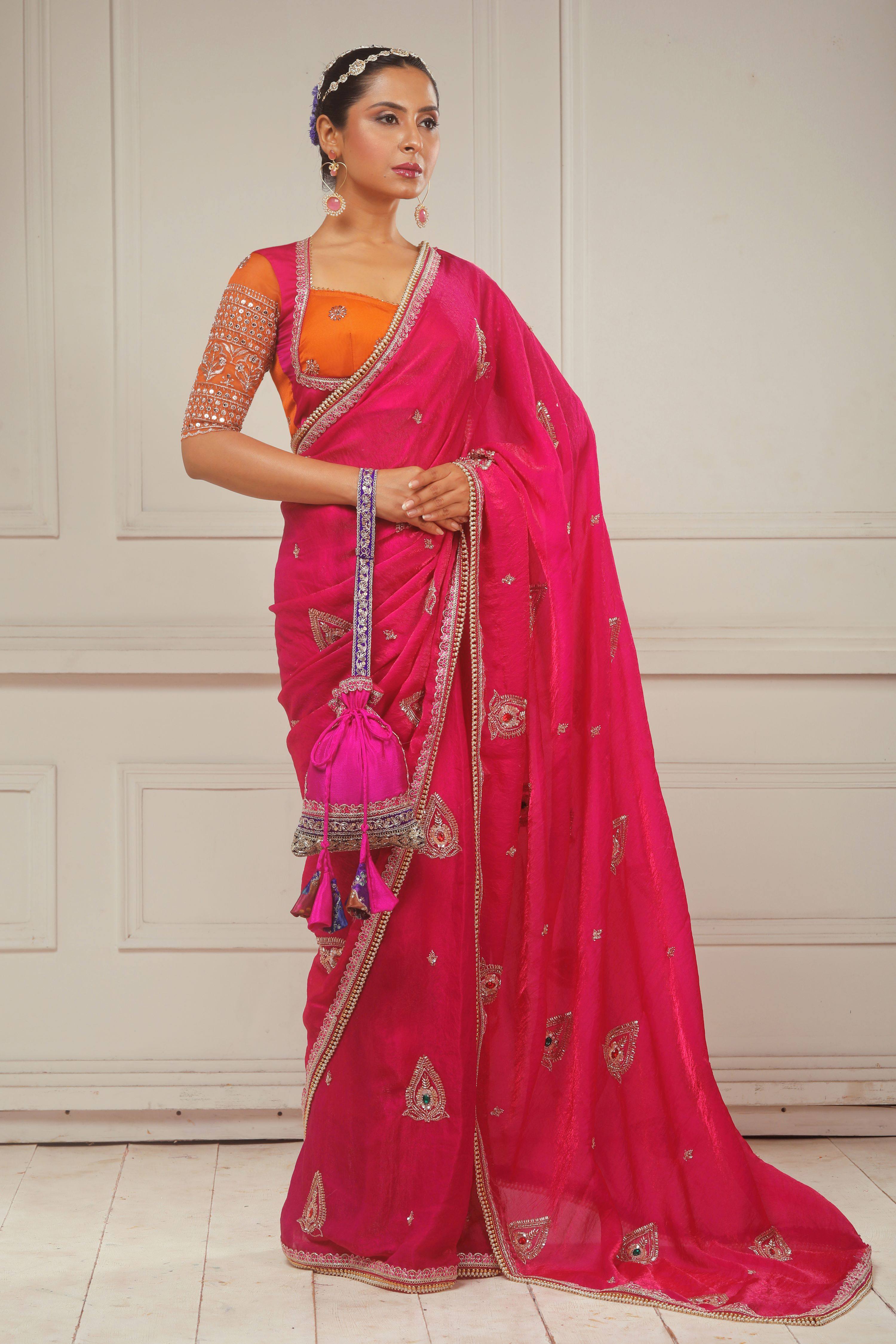 RANGREZ RANI SAREE WITH GOLD TANGERINE POETRY BLOUSE