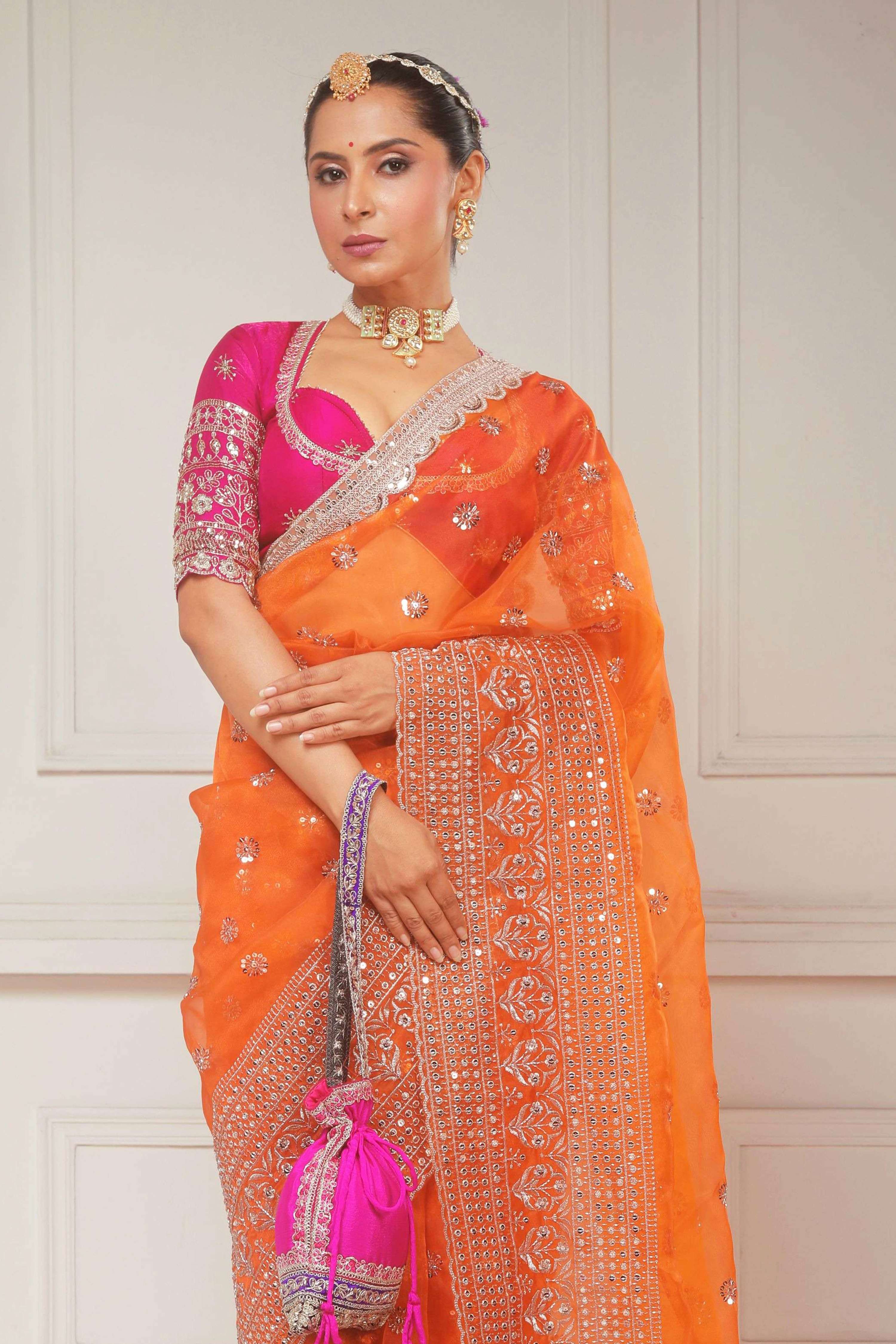 TANGERINE POETRY SAREE WITH CANDY WILDFLOWER BLOUSE