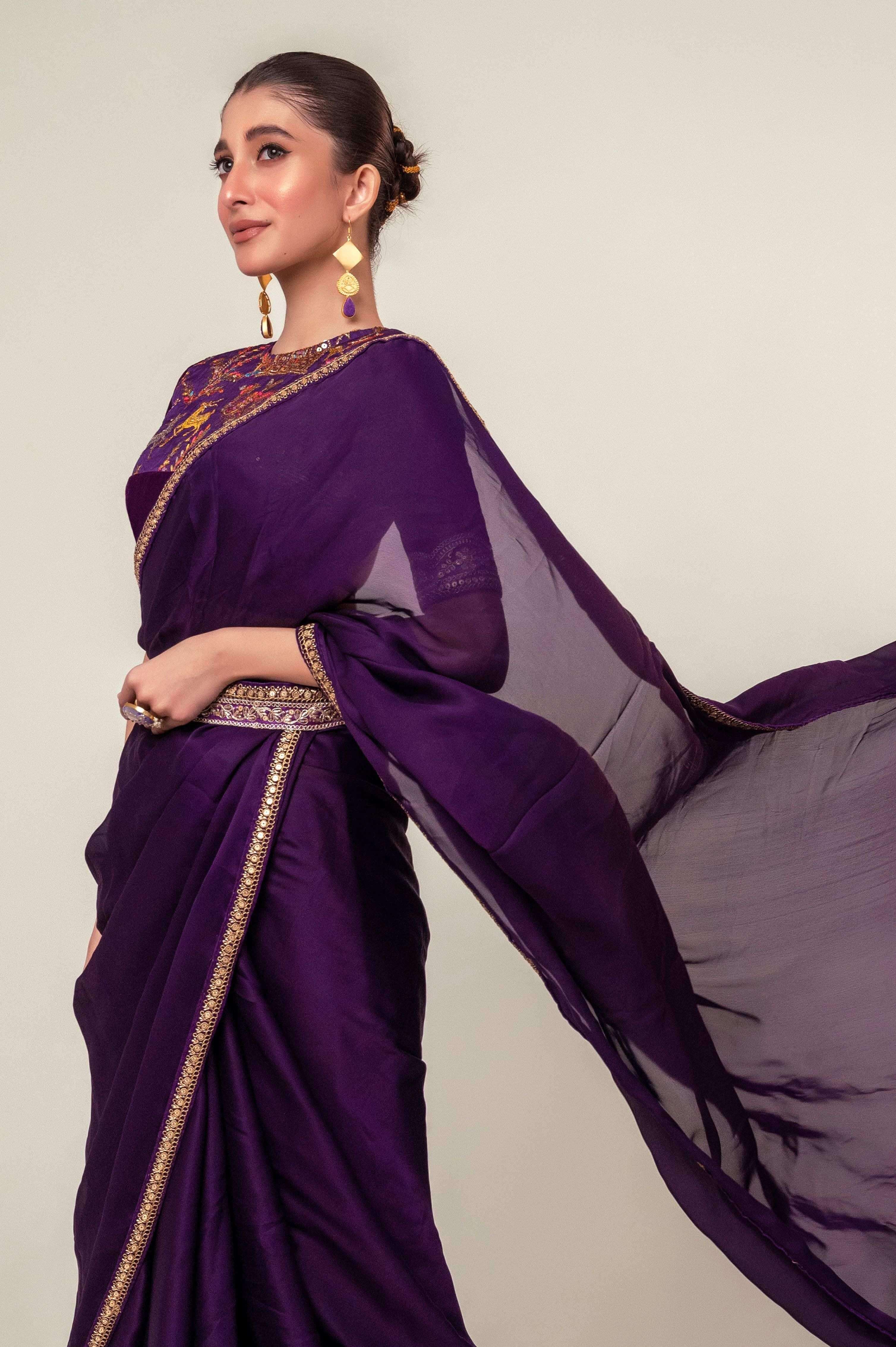 BOLD BLOOM SAREE WITH ROYAL HAZE BLOUSE.