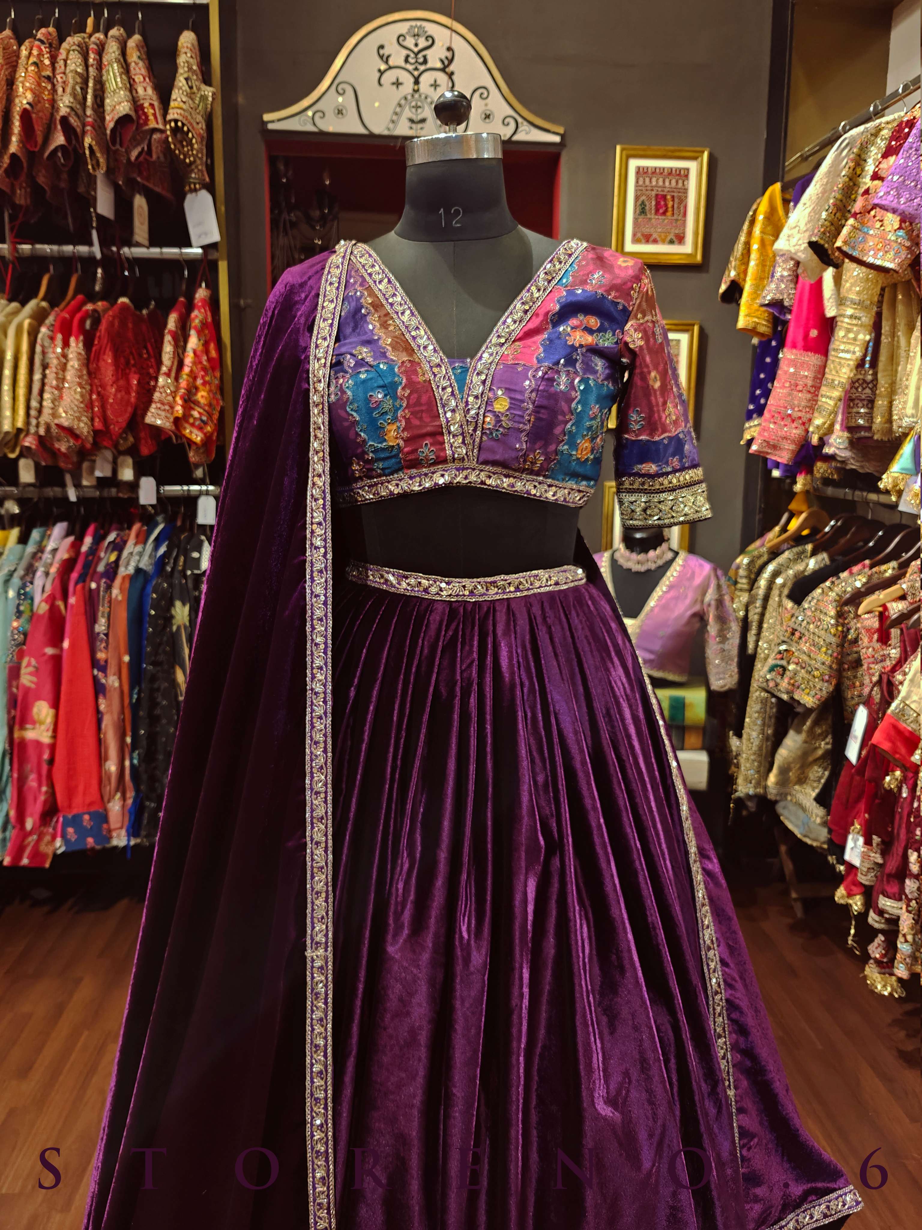 JAMUN VELVET LEHENGA SKIRT WITH DUPATTA AND STITCHED BLOUSE(WITH CANCAN)