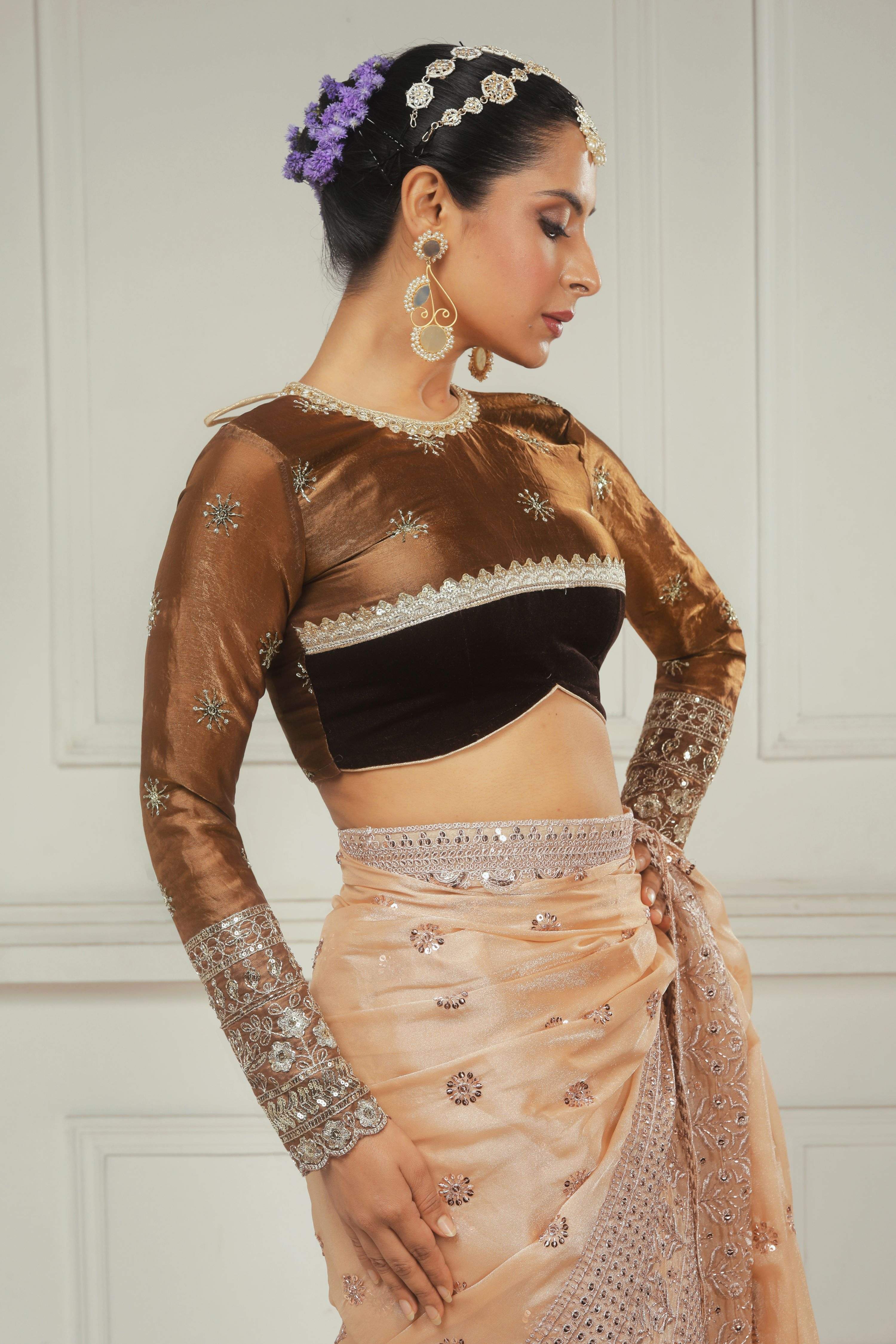 OLD GOLD POETRY SAREE WITH COCOA WILDFLOWER BLOUSE