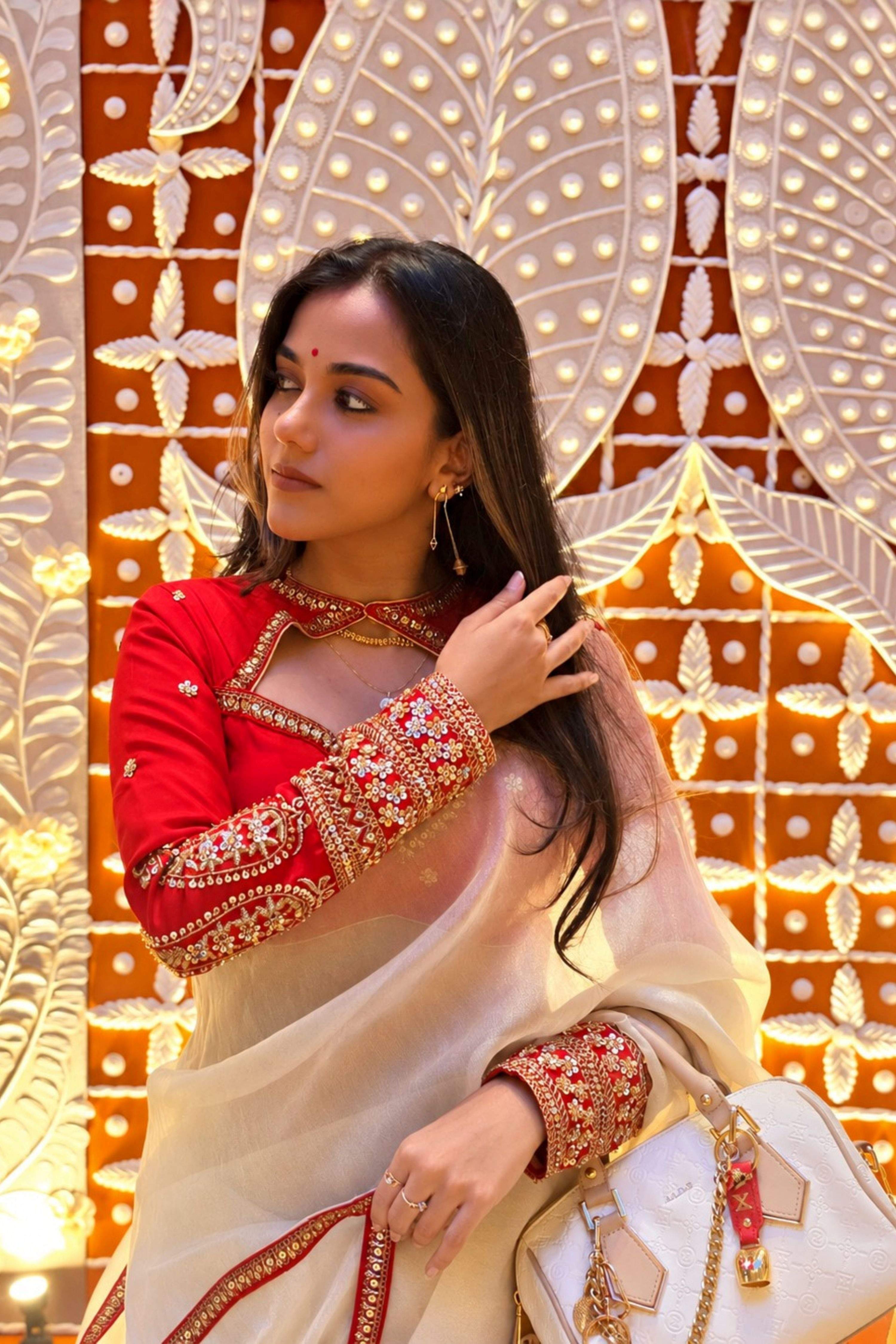 PEARL POISE SAREE WITH SCARLET LUXE CLASSIC BLOUSE