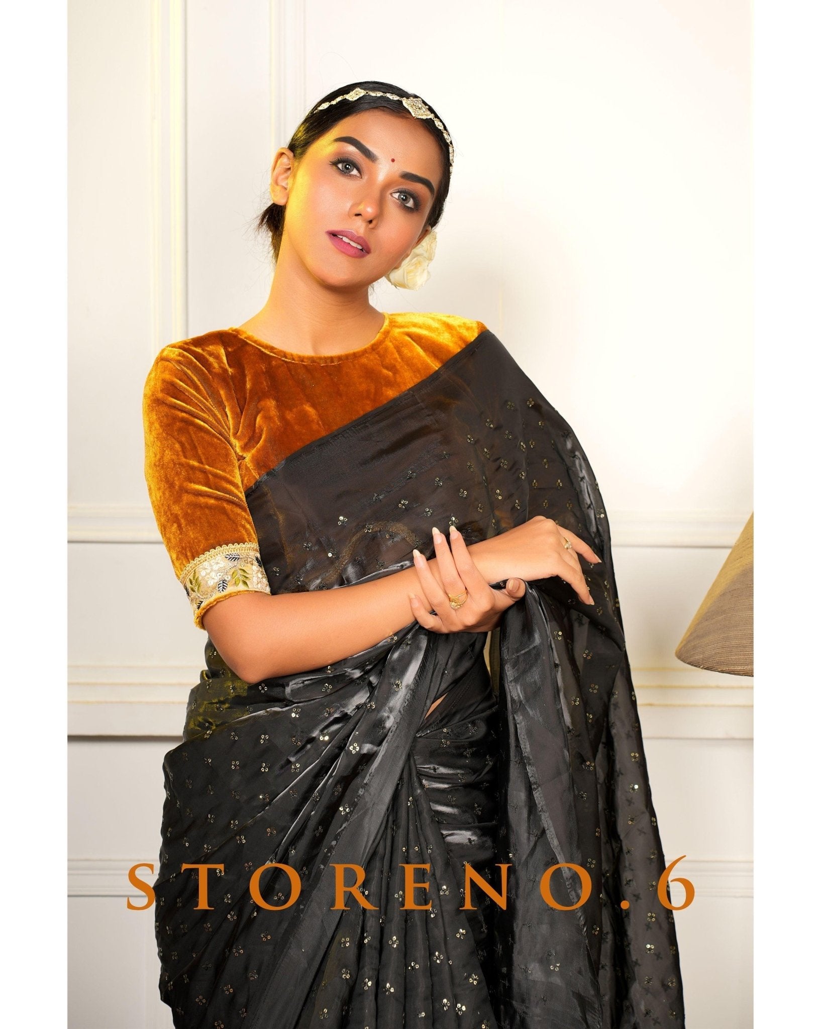 SUBTLE QUEEN SIAH SAREE WITH MAKHMAL-E-SONA BLOUSE