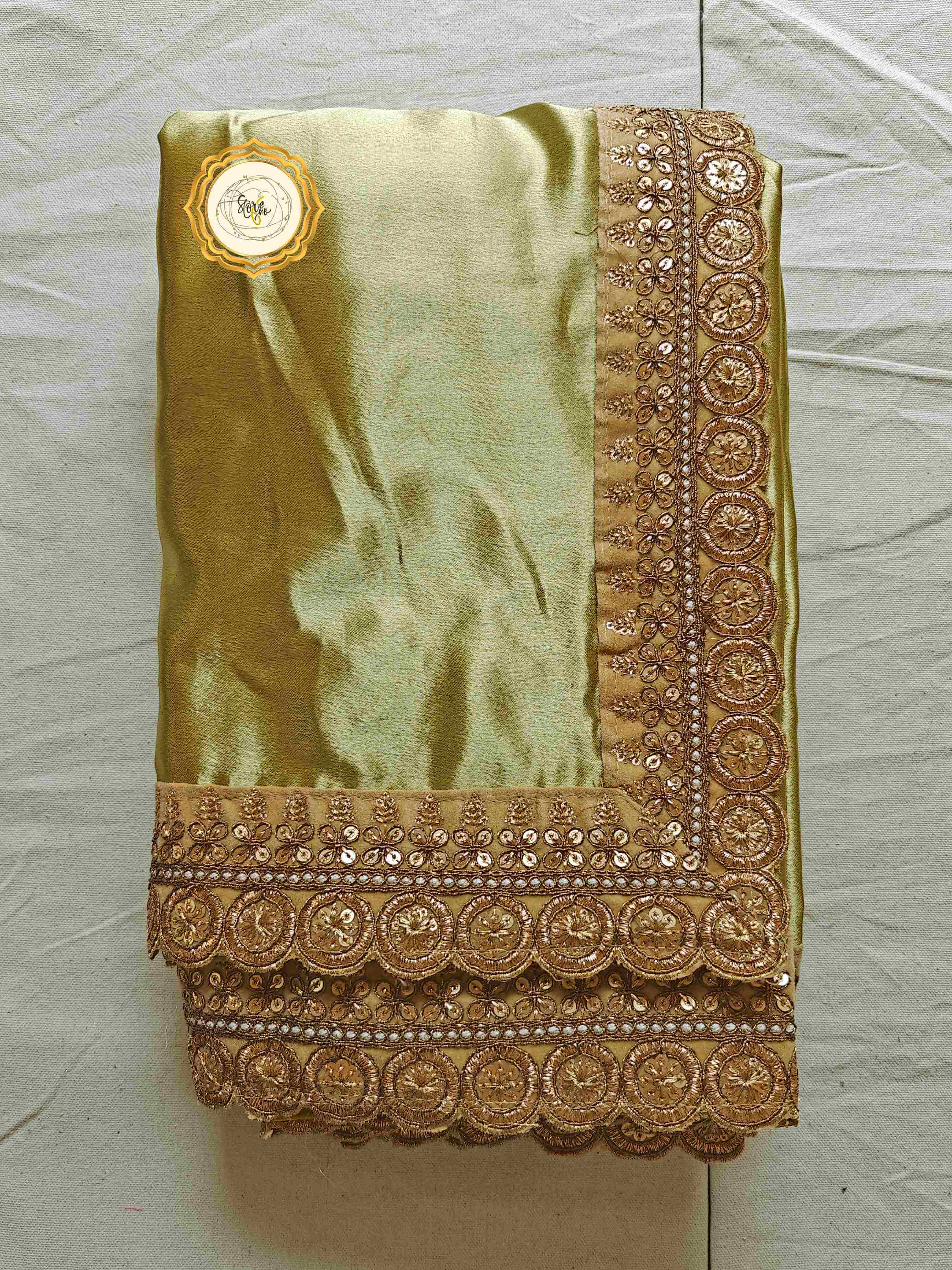 CLASSIC PRE DRAPED SAREE WITH UNSTITCHED BLOUSE in olive green satin and chocolate velvet with lace work.