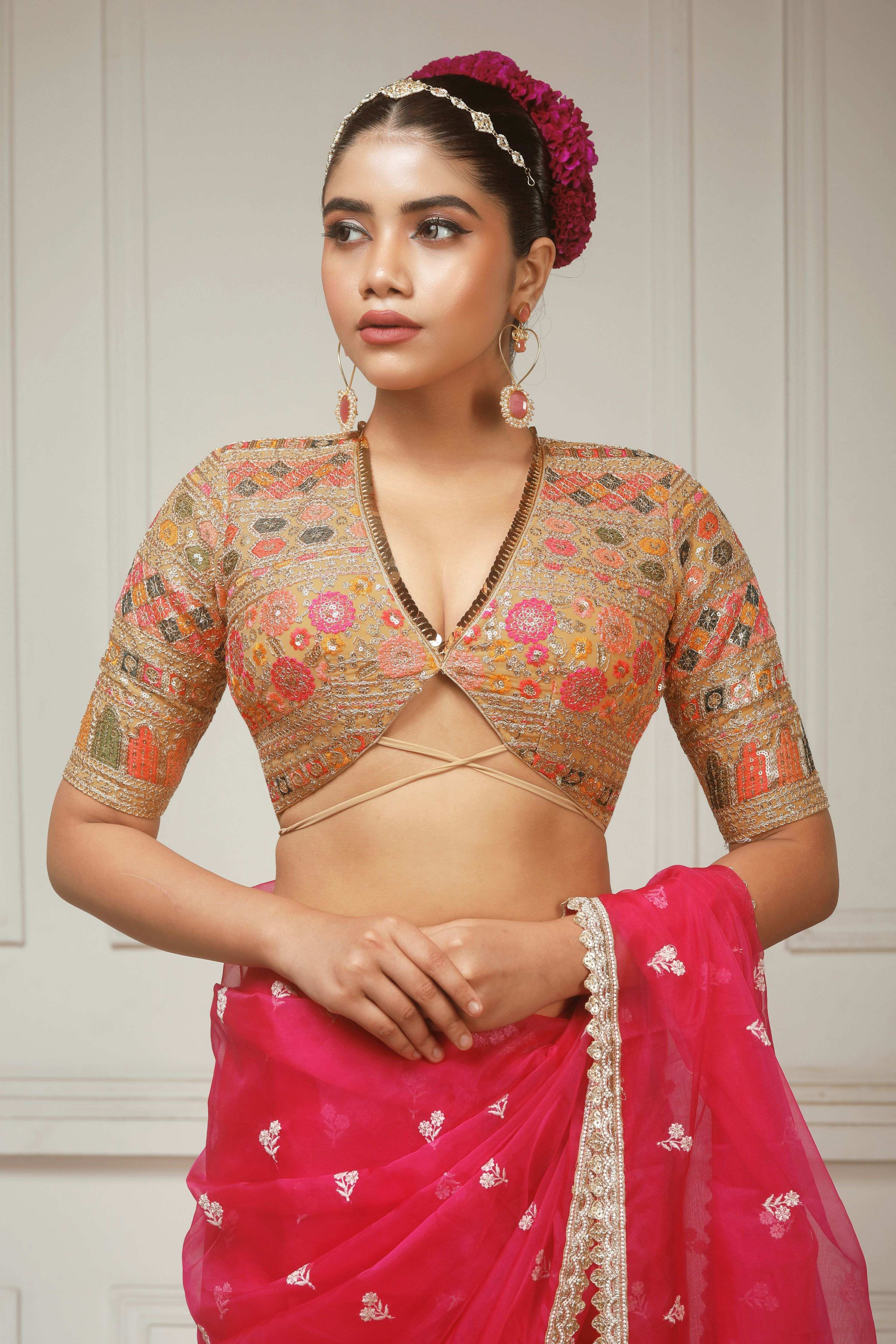 FUCHSIA FLAME SAREE WITH GLIDED GODDESS BLOUSE
